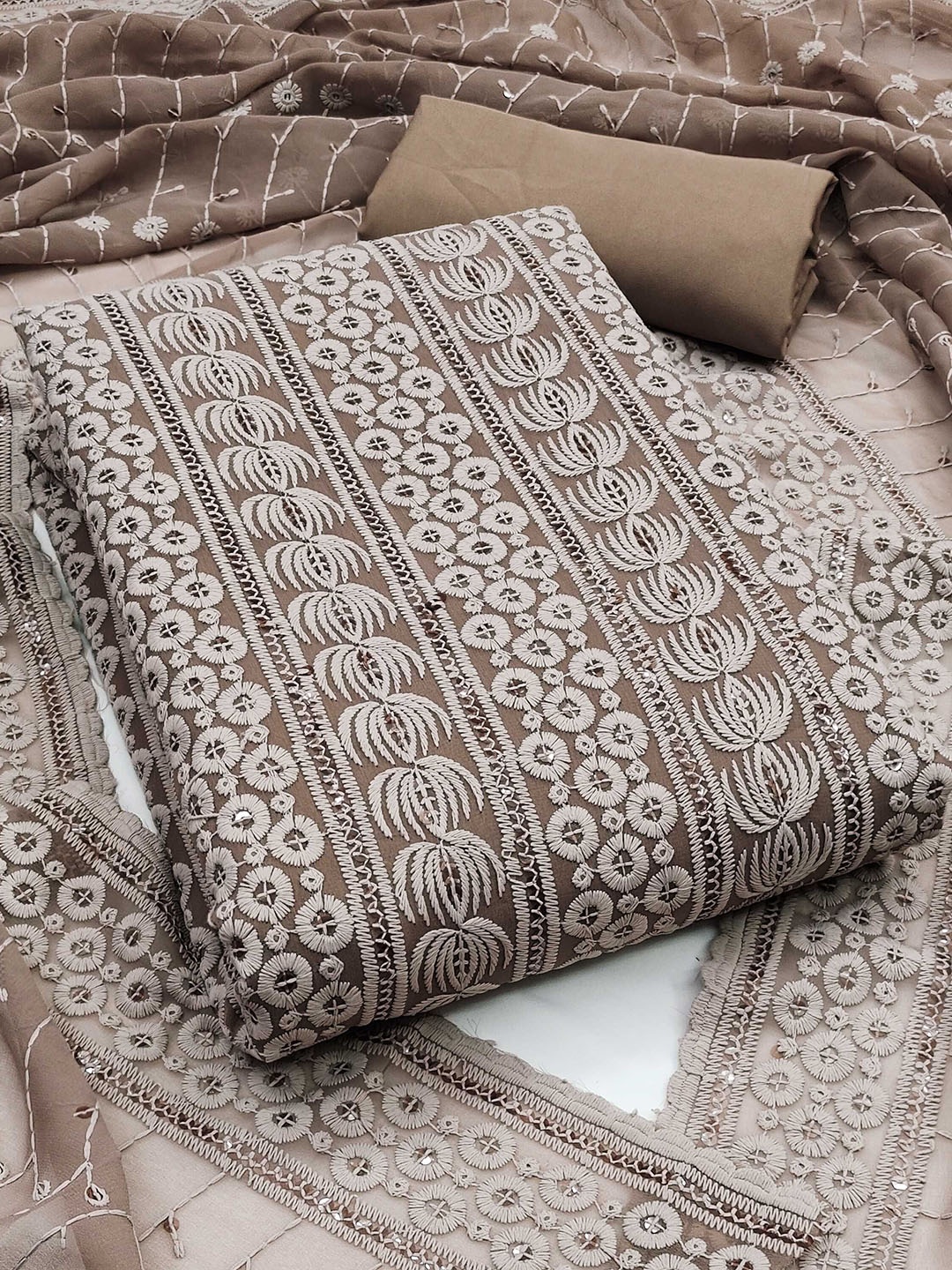 

KALINI Floral Embroidered Georgette Unstitched Dress Material, Brown