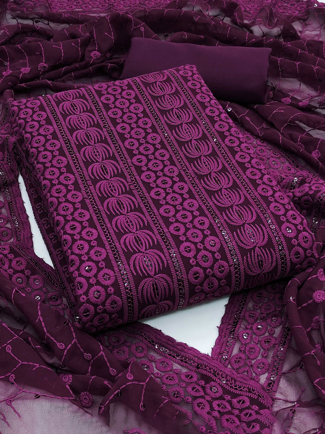 KALINI Geometric Embroidered Sequinned Georgette Unstitched Dress Material, Purple