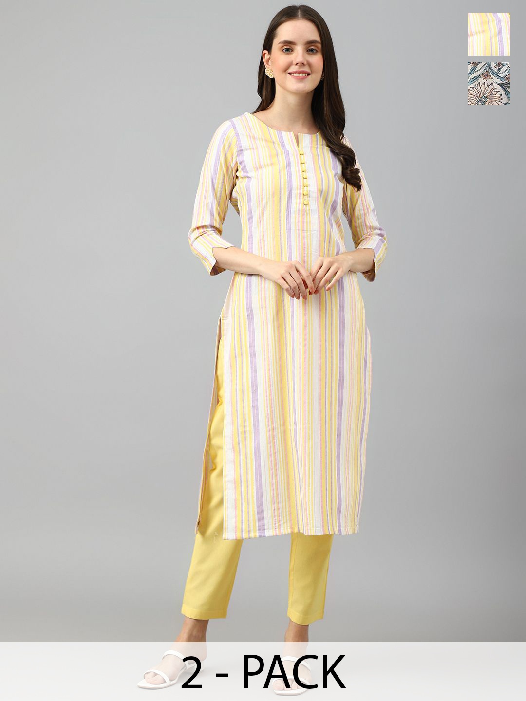 

KALINI Selection of 2 Striped Notch-Neck Straight Kurta With Trousers, Yellow