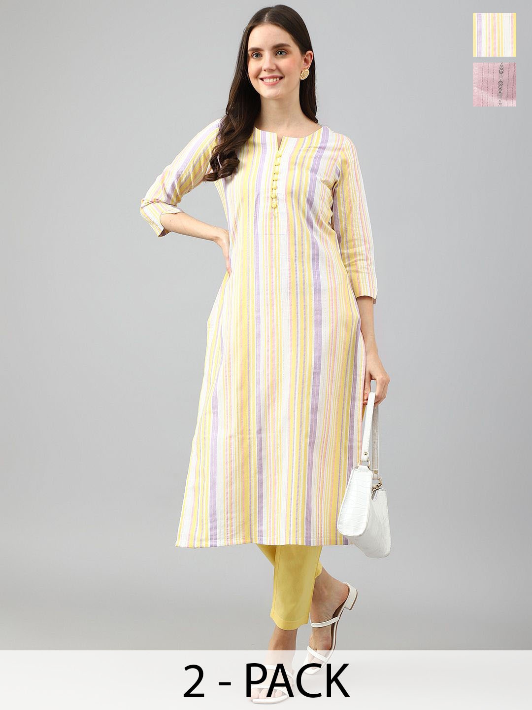 

KALINI Selection Of 2 Striped Notch Neck Straight Kurta With Trousers, Yellow