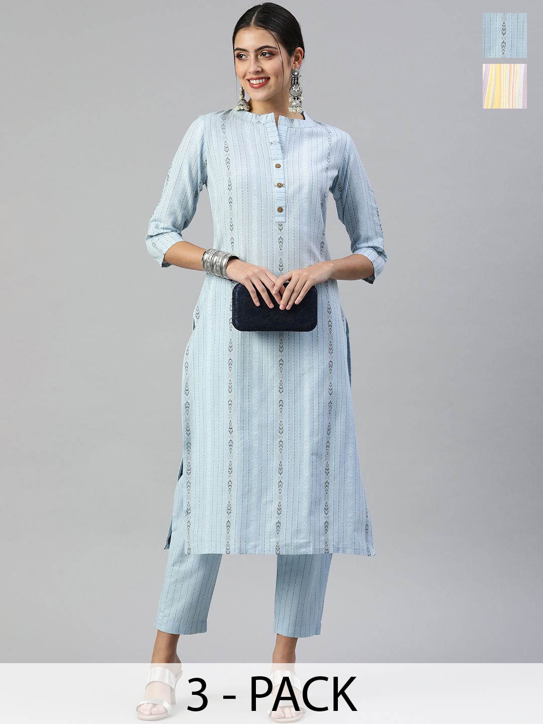 

KALINI Selection of 2 Striped Mandarin Collar Straight Kurta With Trousers, Blue