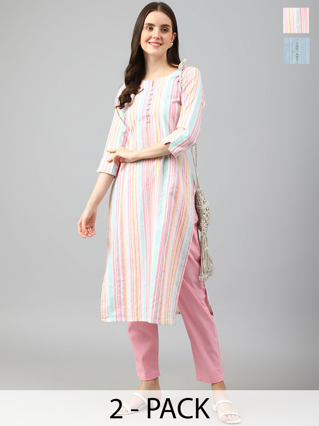 

KALINI Selection Of 2 Striped Notch Neck Straight Kurta With Trousers, Peach