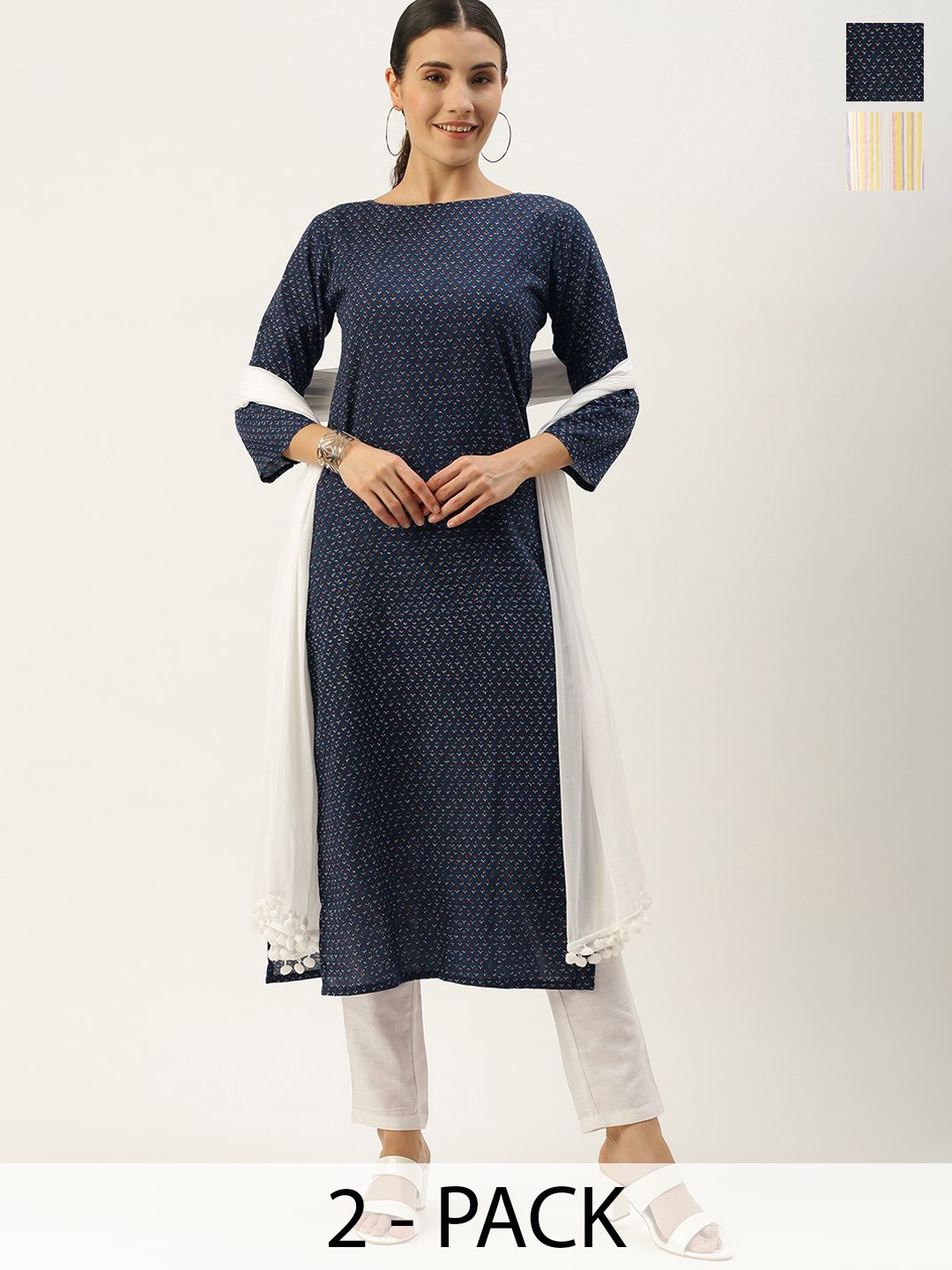 

KALINI Selection Of 2 Floral Boat Neck Straight Kurta With Trousers, Navy blue