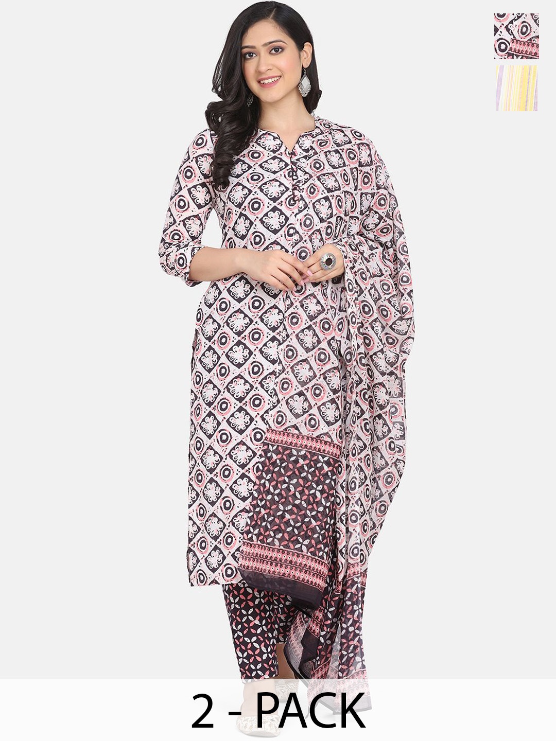 

KALINI Selection Of 2 Ethnic Motifs Printed Notch Neck Straight Kurta With Trousers, White