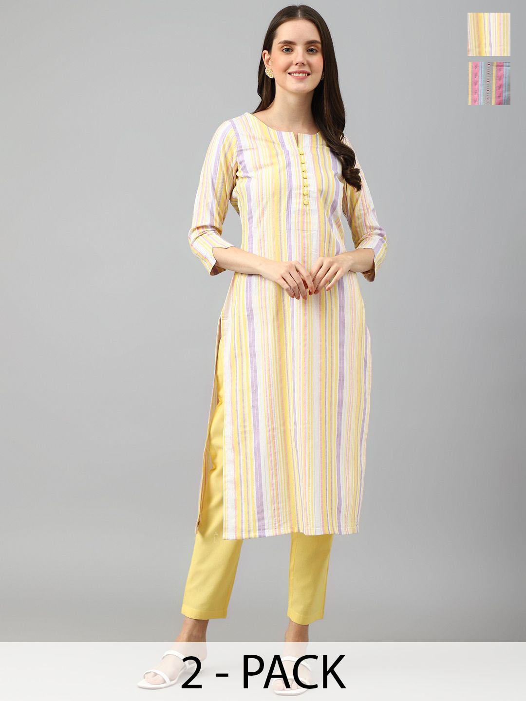 

KALINI Selection of 2 Striped Notch-Neck Straight Kurta With Trousers, Yellow