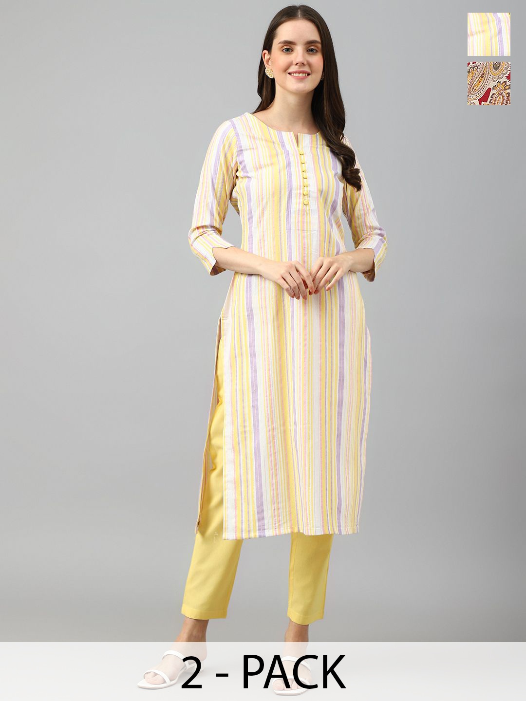 

KALINI Selection Of 2 Striped Notch Neck Straight Kurta With Trousers, Yellow