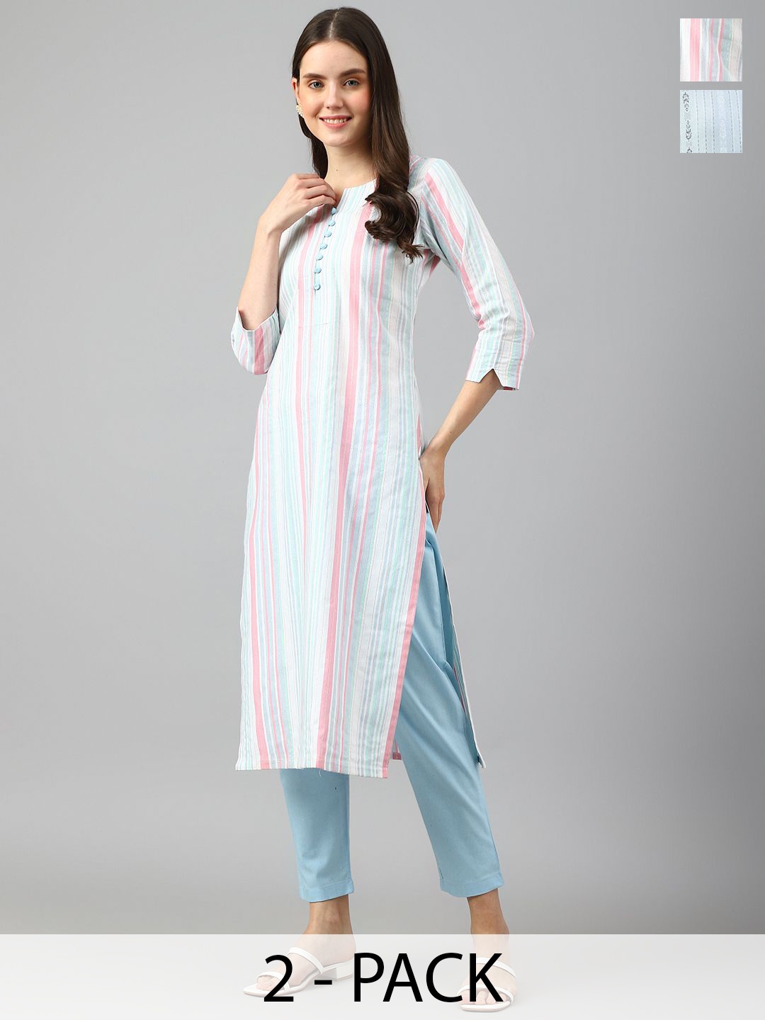 

KALINI Selection of 2 Striped Notch Neck Straight Kurtas With Trousers, Pink