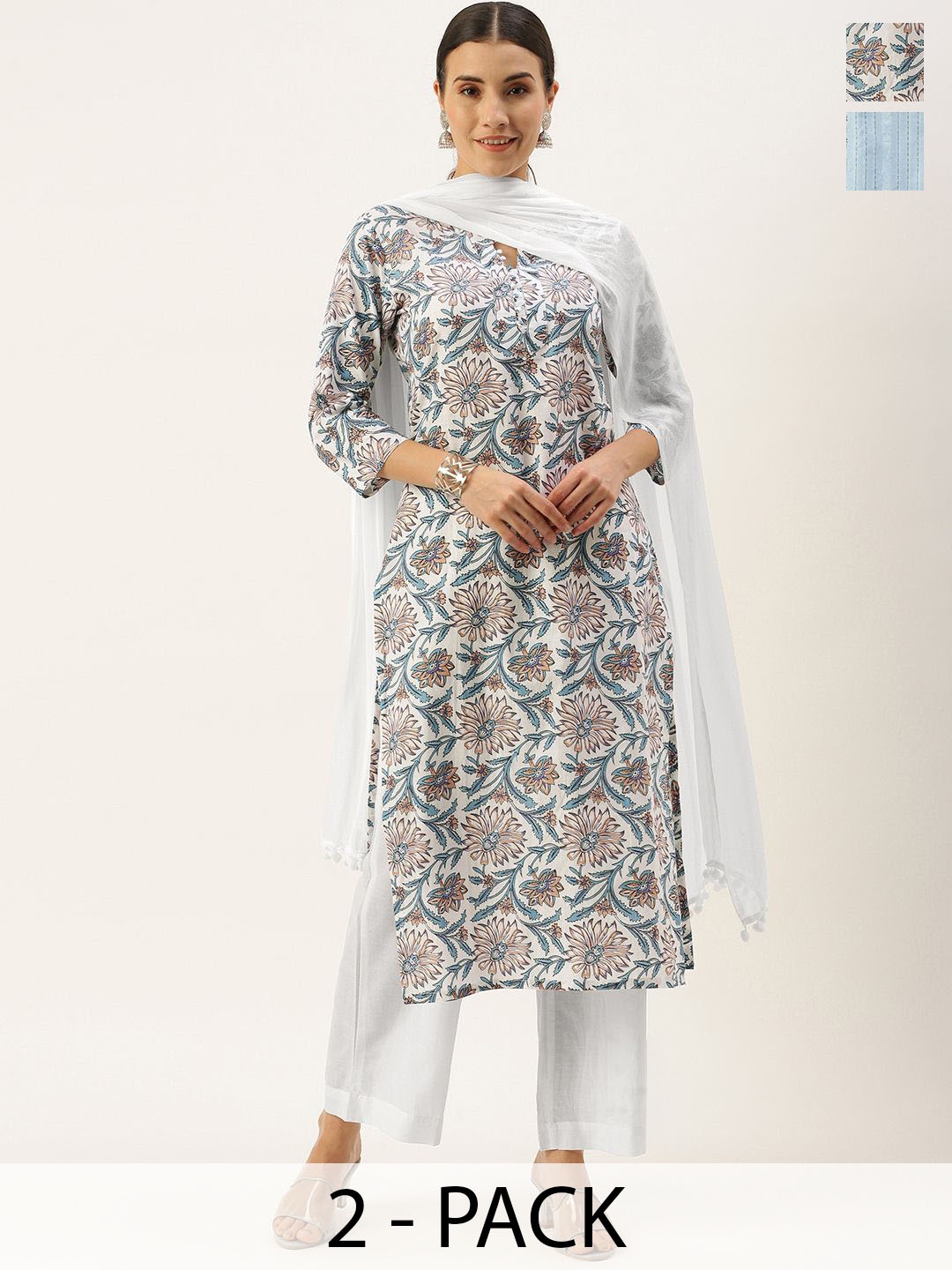 

KALINI Selection Of 2 Floral Printed V-Neck Straight Kurta With Trousers, White
