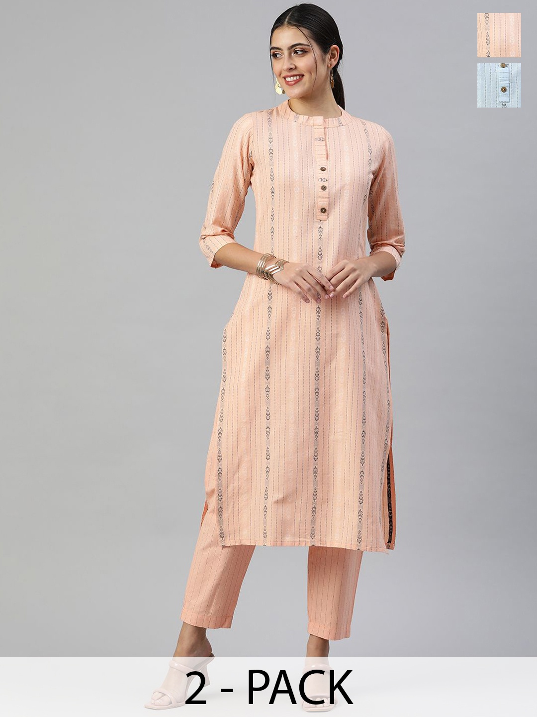 

KALINI Selection of 2 Striped Mandarin Collar Straight Kurta With Trousers, Peach