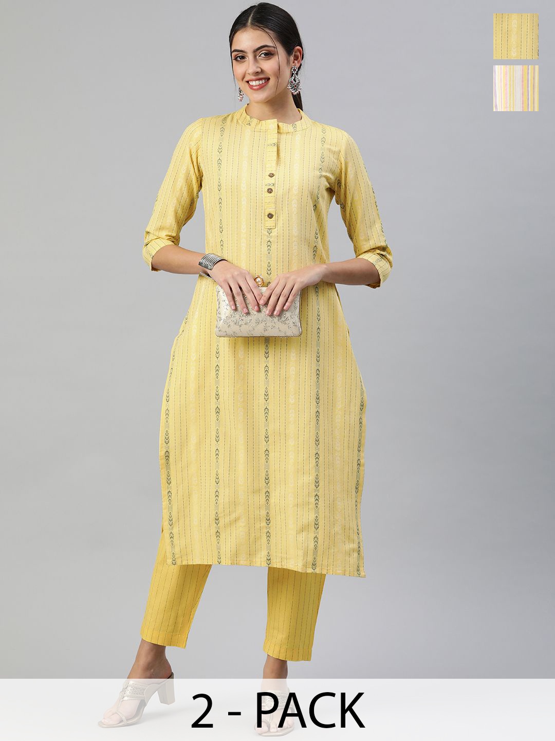 

KALINI Selection Of 2 Striped Woven Design Mandarin Collar Straight Kurta With Trousers, Yellow