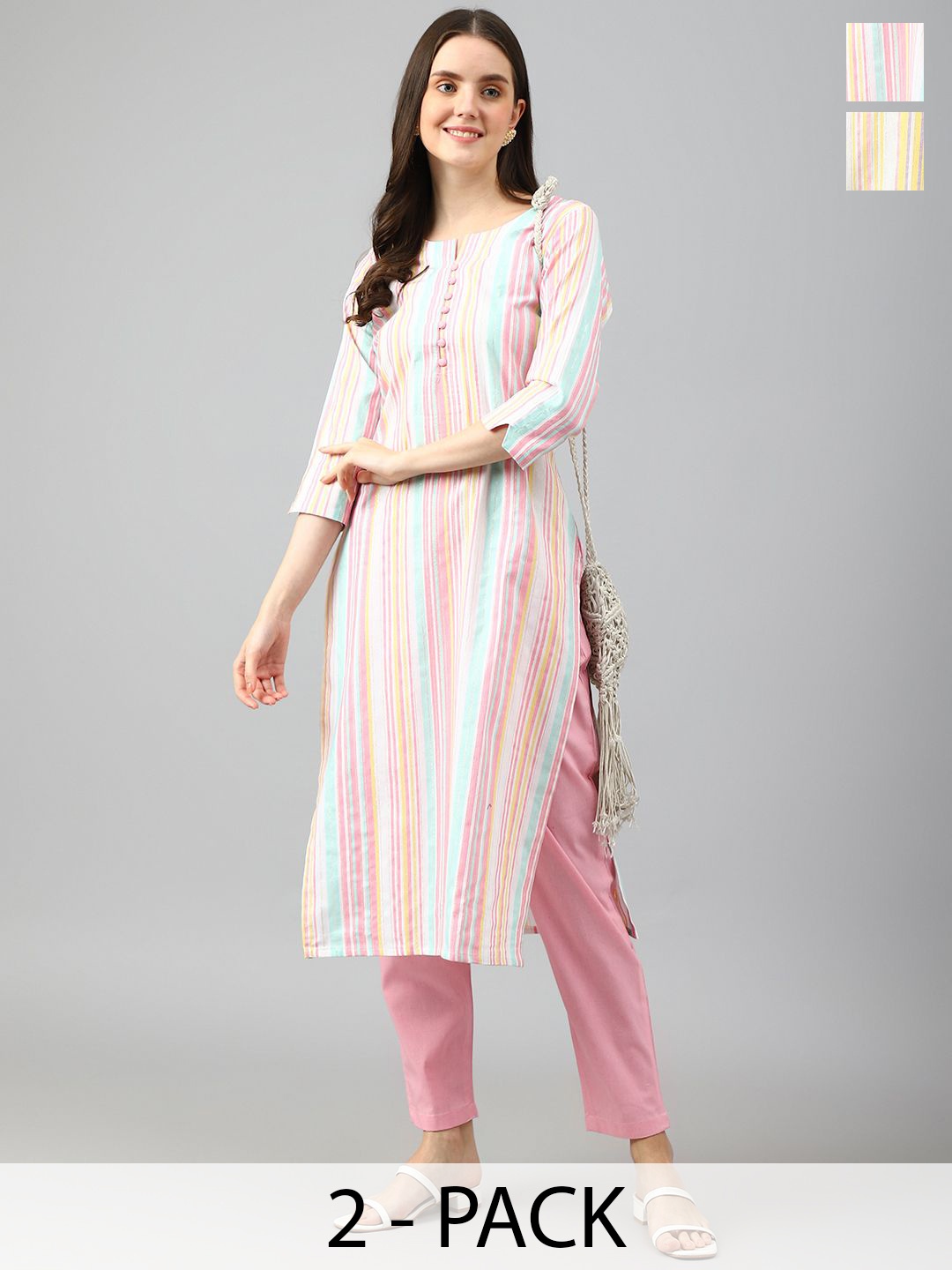 

KALINI Selection Of 2 Striped Notch Neck Straight Kurta With Trousers, Peach