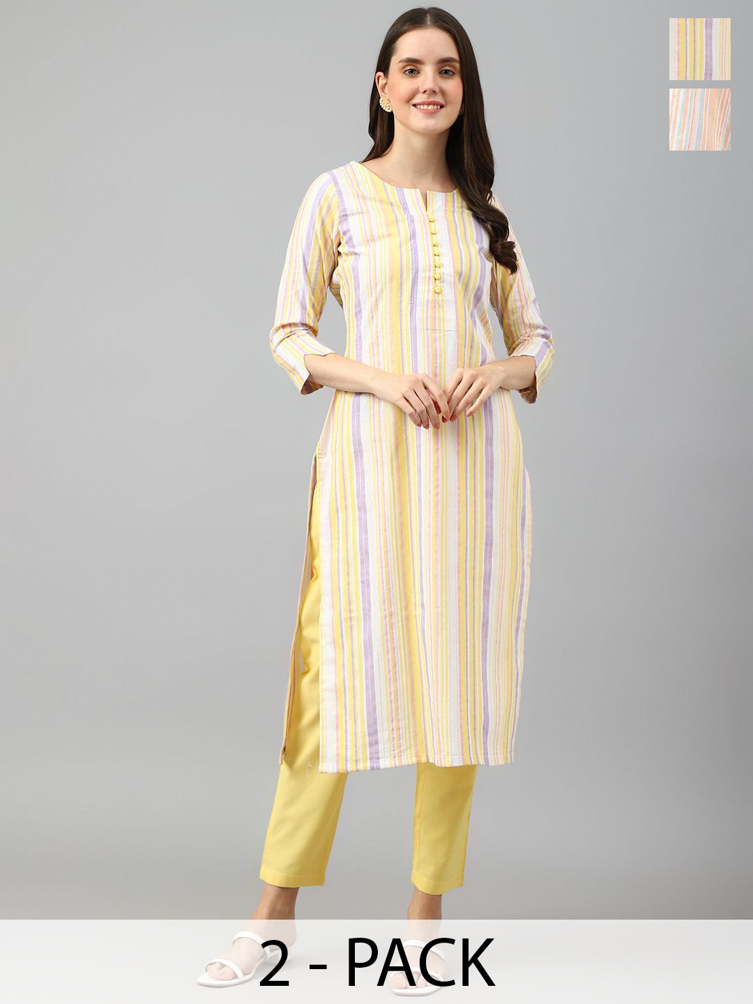 

KALINI Selection Of 2 Striped Notch Neck Straight Kurta With Trousers, Yellow