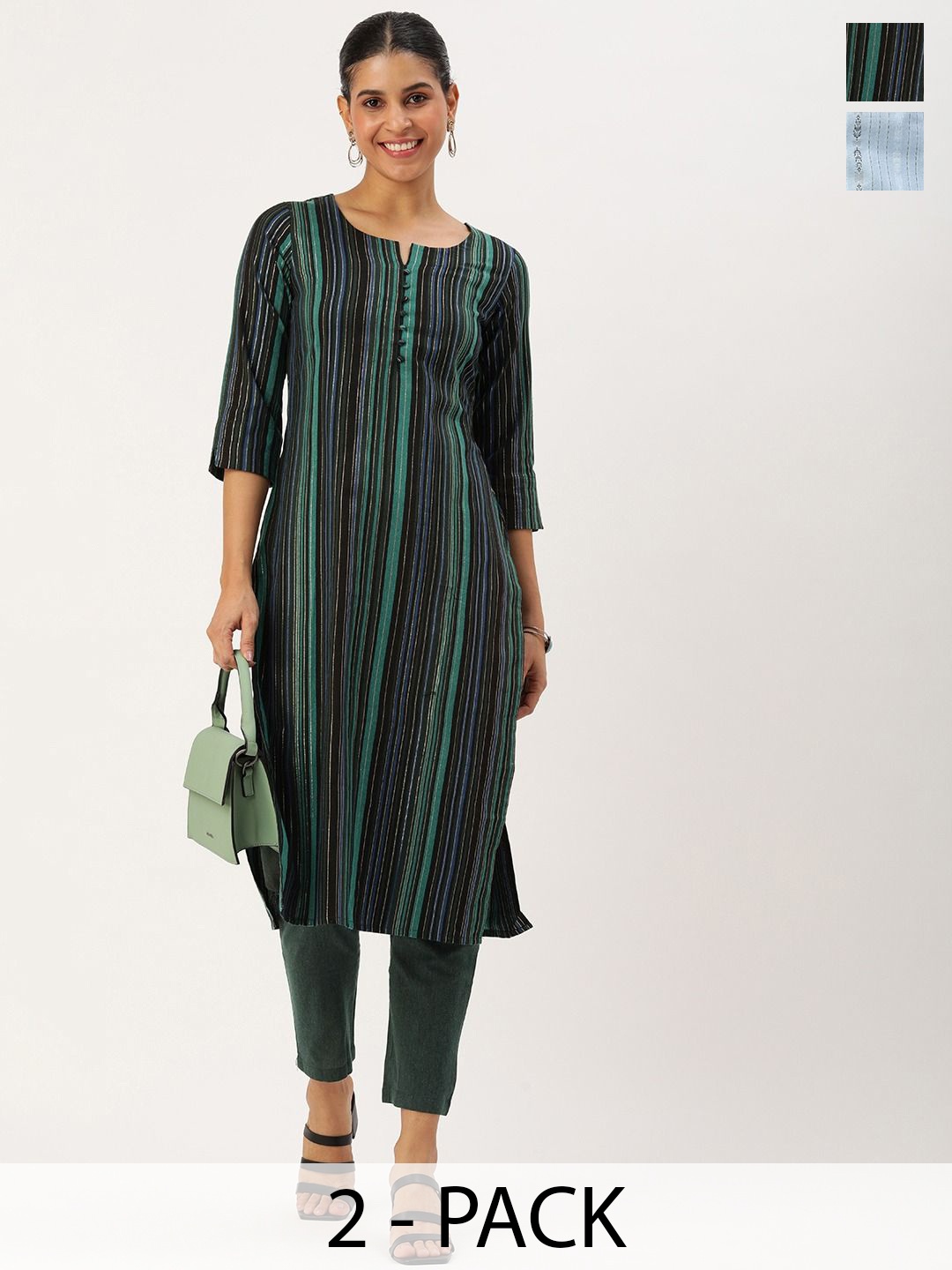 

KALINI Selection Of 2 Striped Notch Neck Straight Kurta With Trousers, Green