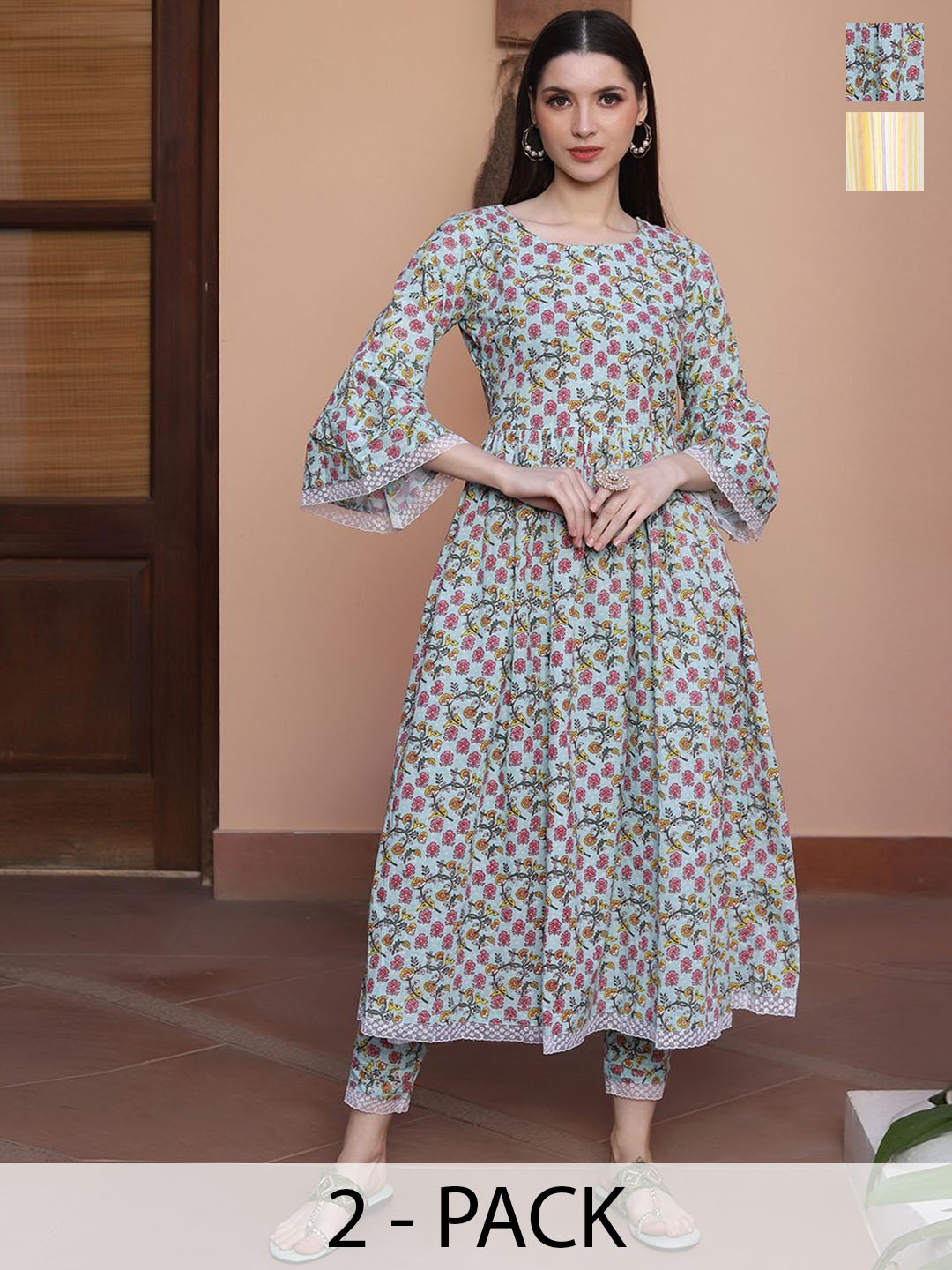 

KALINI Selection of 2 Striped Notch-Neck Straight Kurta With Trousers, Yellow