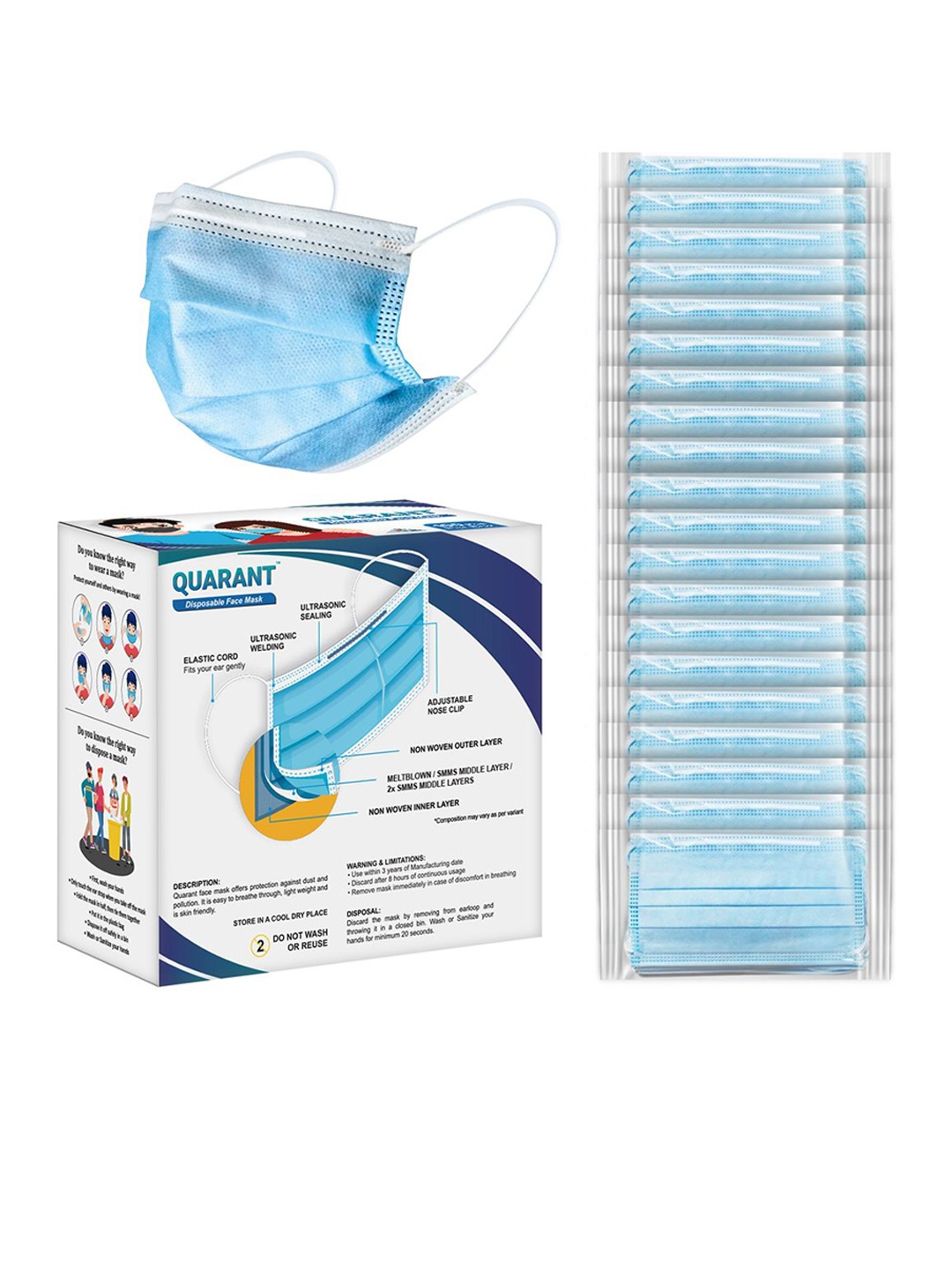 

QUARANT Set Of 100 3 Ply Anti Pollution Disposable Face Mask, Blue