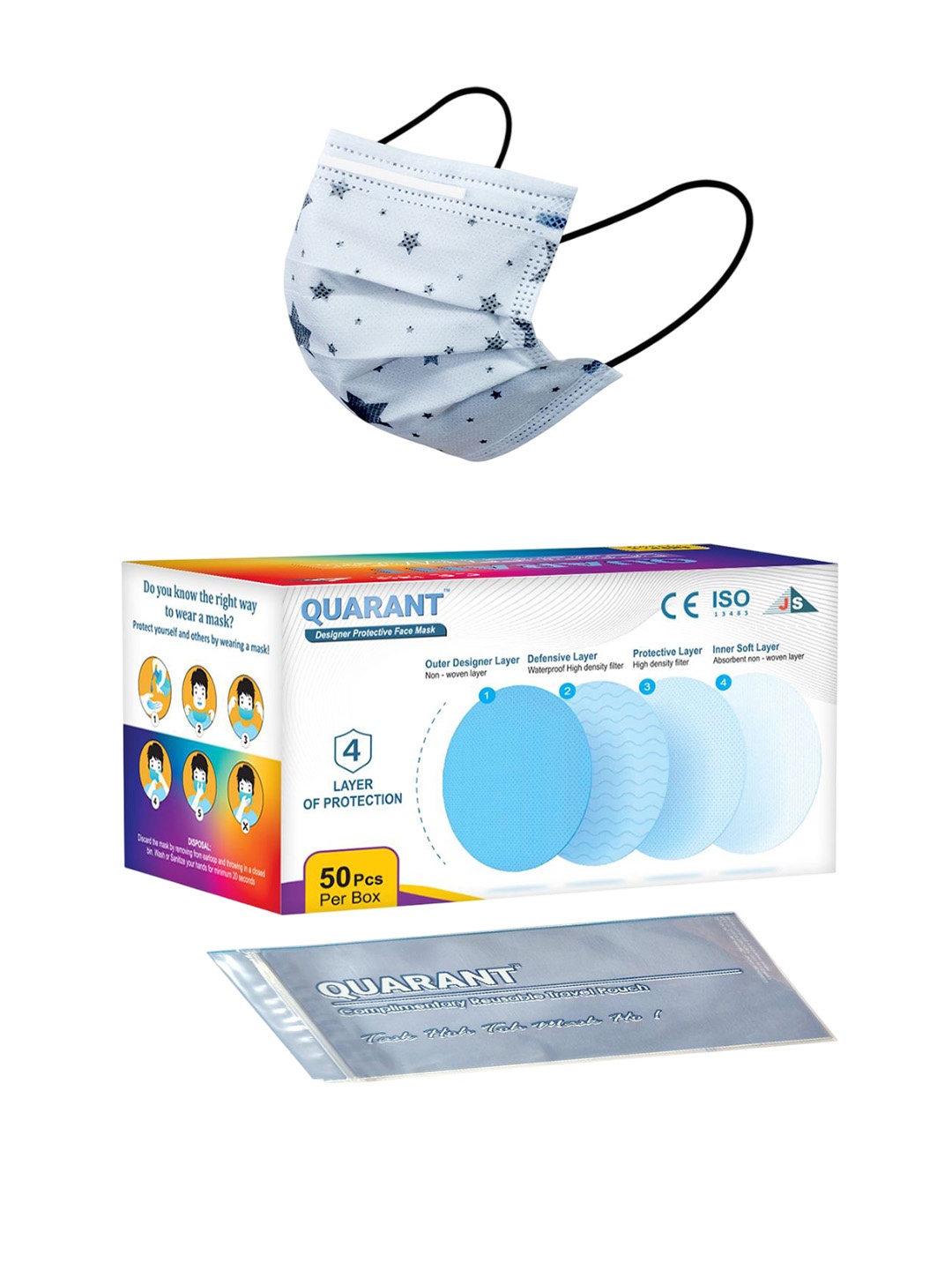 

QUARANT Set of 50 Printed 4 Ply Designer Anti Pollution Disposable Face Mask, White