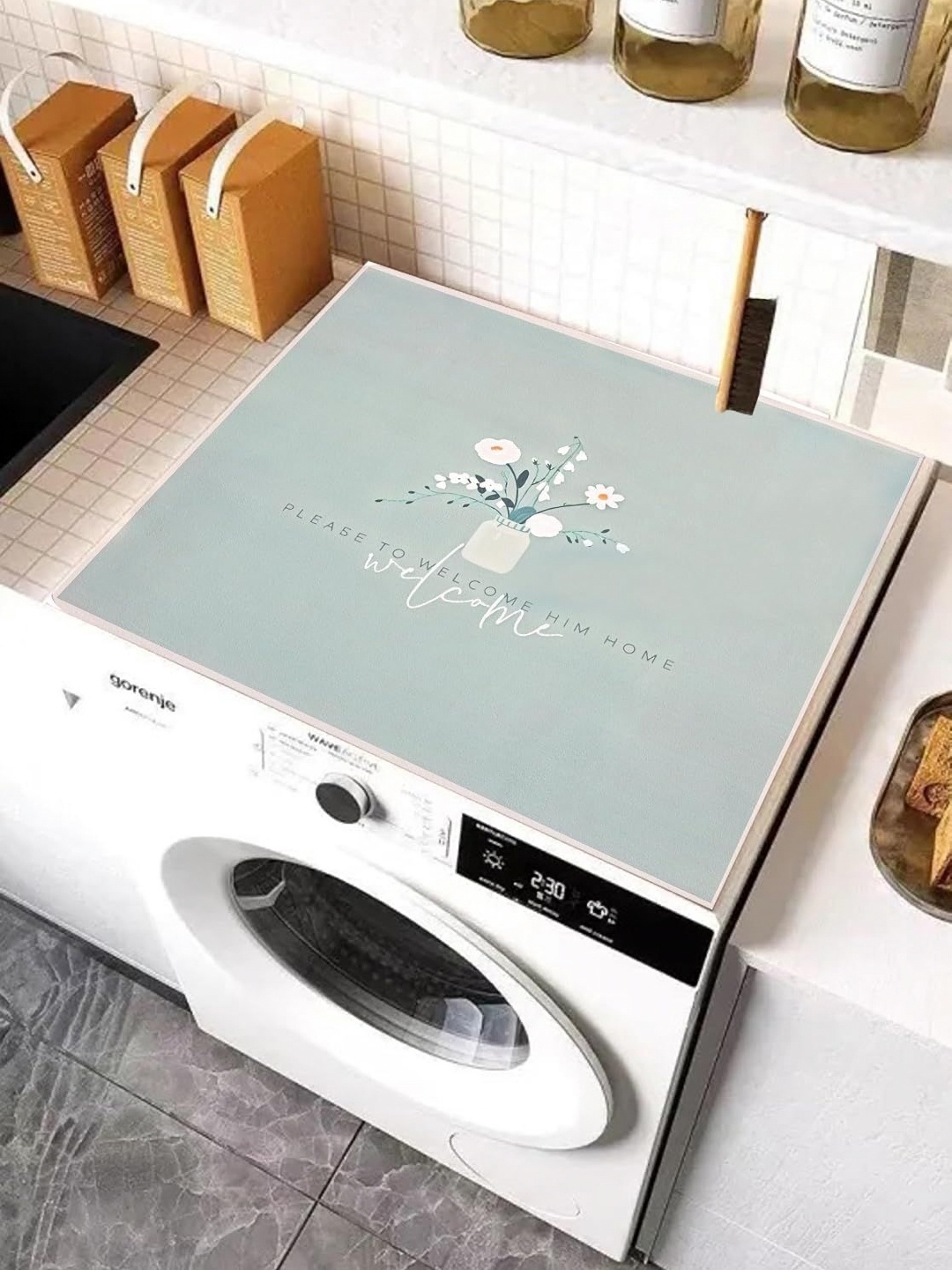 

HomeCloud Olive-Green & White Floral Printed Non-Slip Washing Machine Top Protector Mat