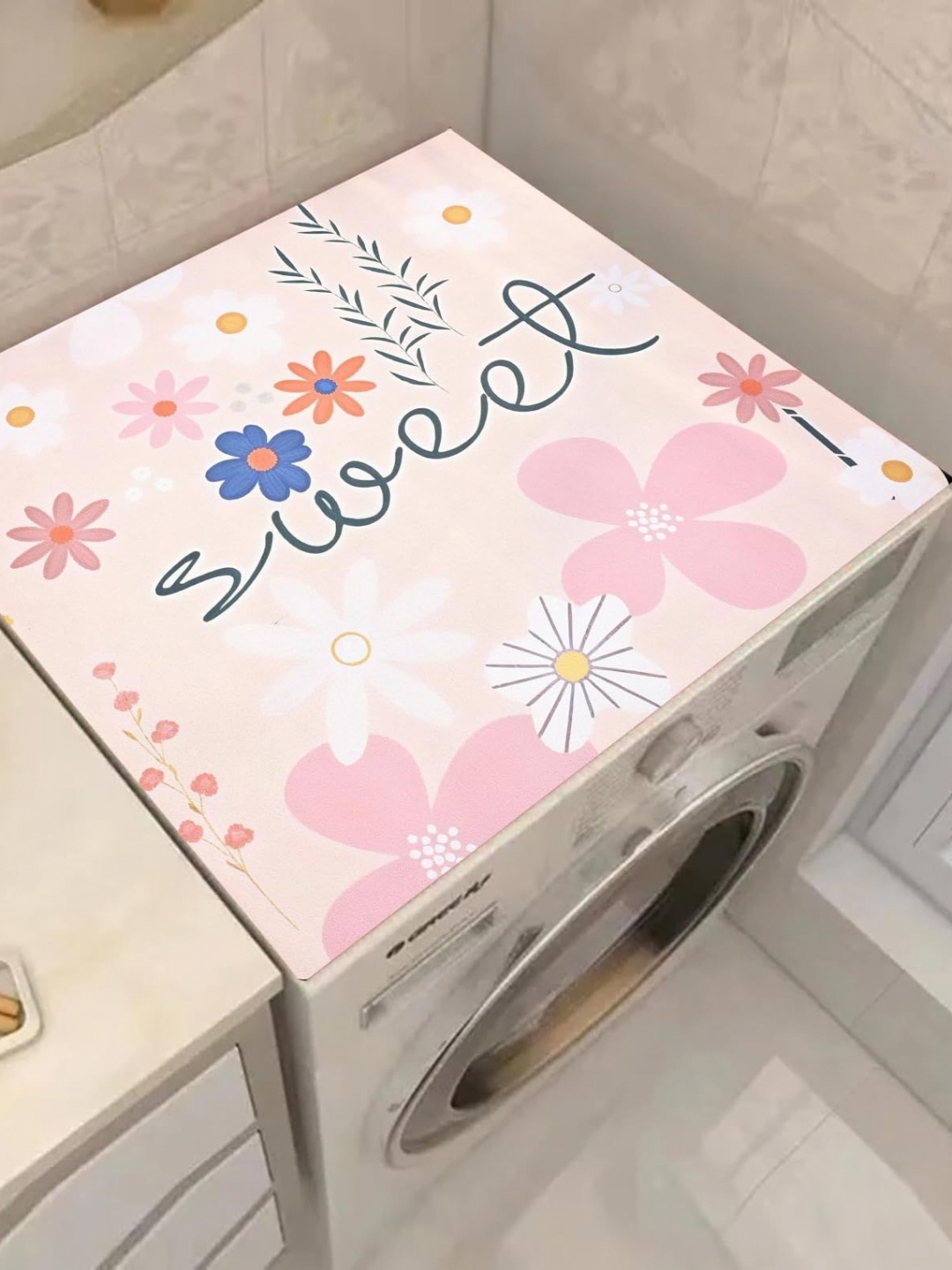 

HomeCloud Pink & White Printed Non-Slip Washing Machine Top Protector Mat