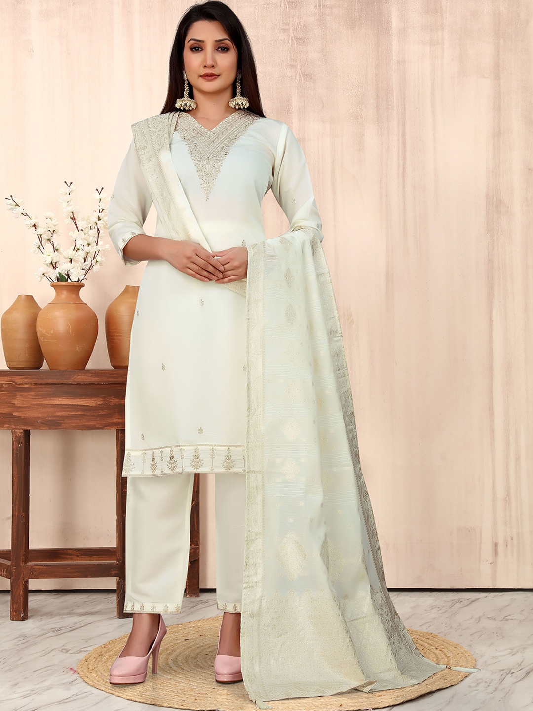 

Krimmple Women Floral Embroidered Regular Thread Work Pure Silk Kurta with Trousers & With Dupatta, White