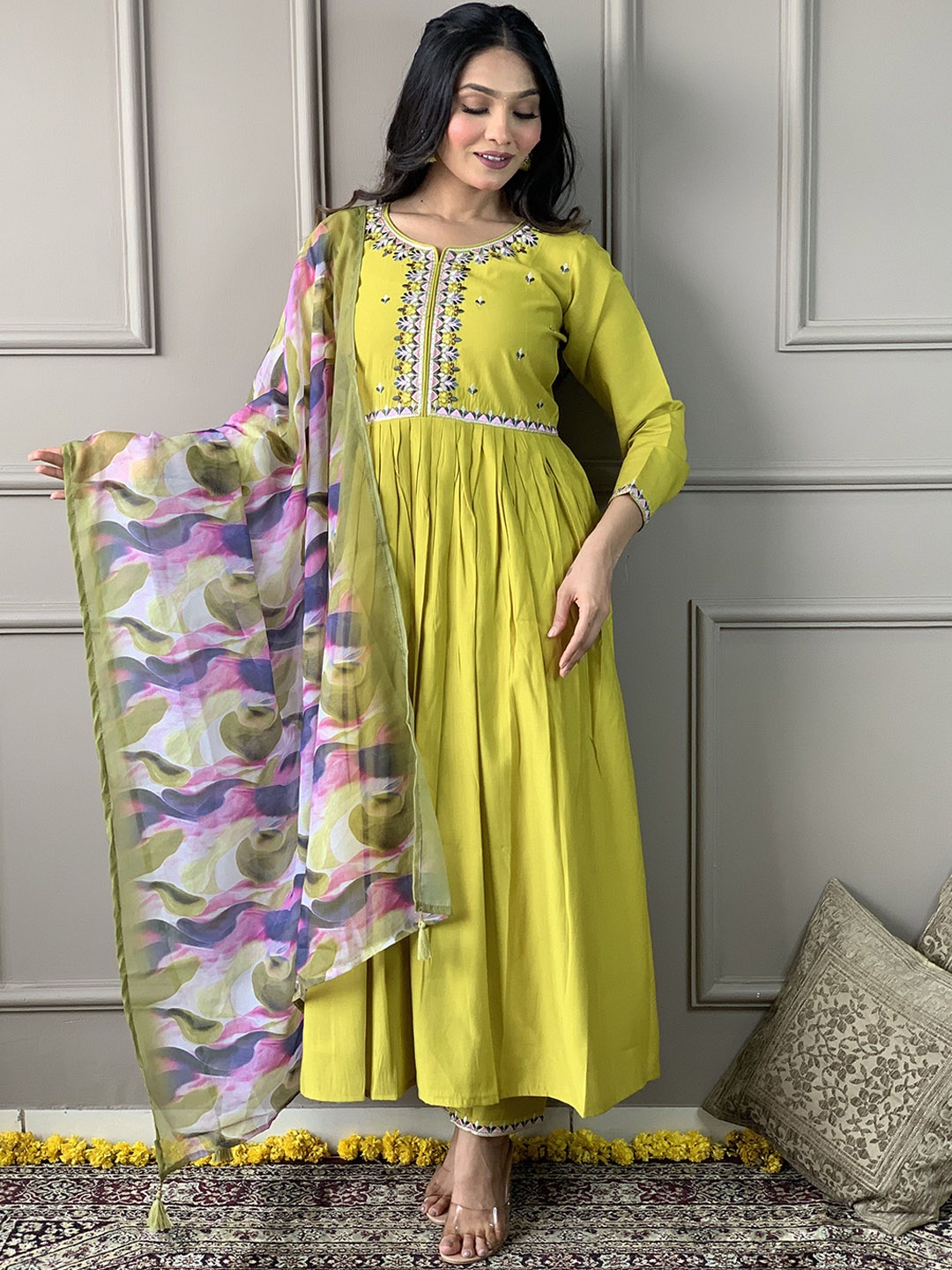 

Krimmple Floral Embroidered Notch Neck Kurta Kurta With Trousers And Dupatta, Yellow