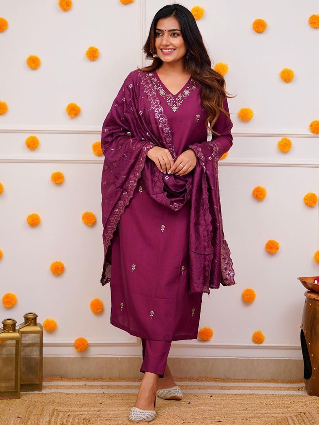 

Krimmple V Neck Gotta Patti Staright Kurta With Trousers & Dupatta, Purple