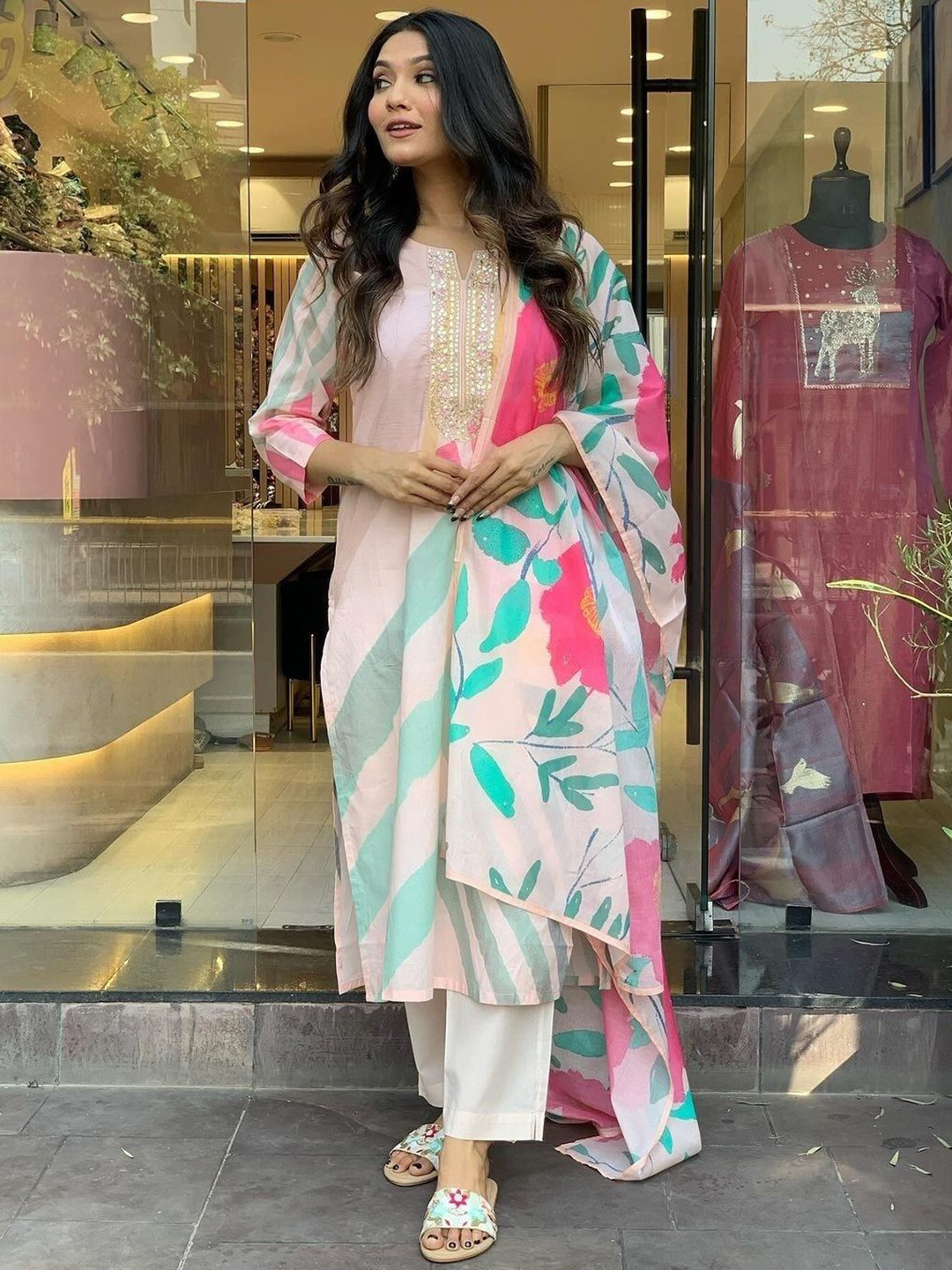 

Krimmple Geometric Printed Notch-Neck Embroidered Straight Kurta With Trousers And Dupatta, Peach