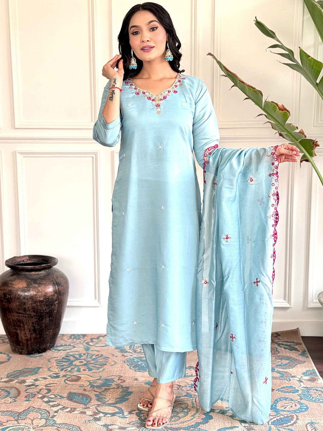 

Krimmple Sweetheart Neck Embroidered Pure Silk Straight Kurta With Trousers And Dupatta, Blue