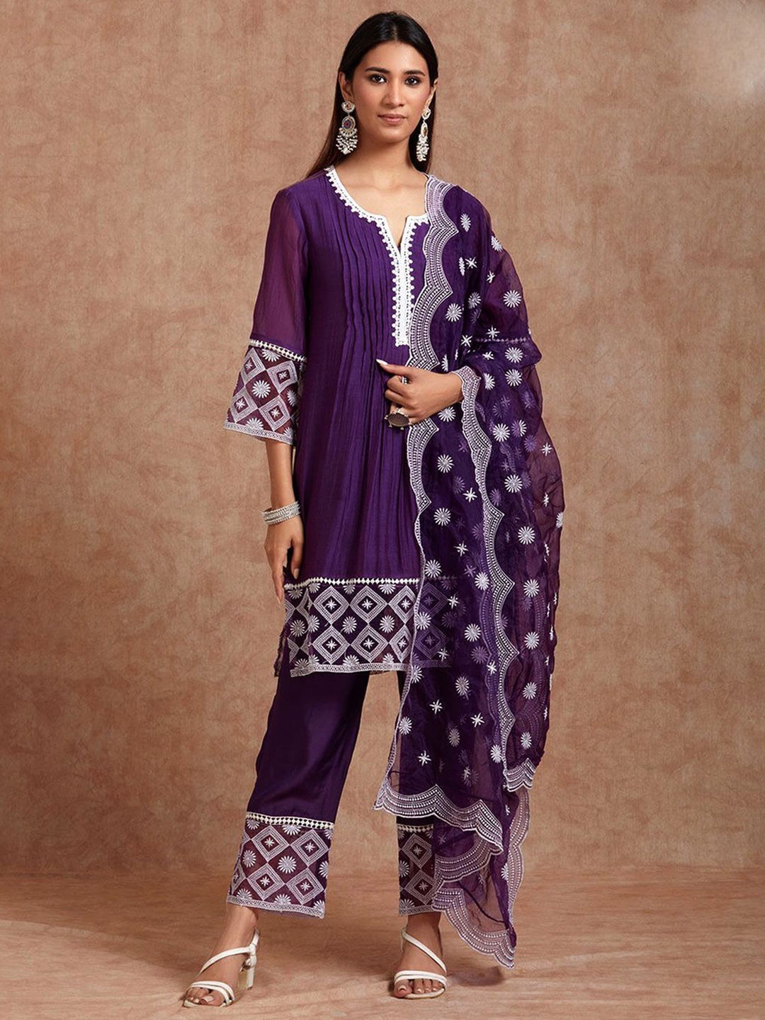 

Krimmple Floral Printed Notch Neck Lace Work Straight Kurta With Trouser & Dupatta, Purple