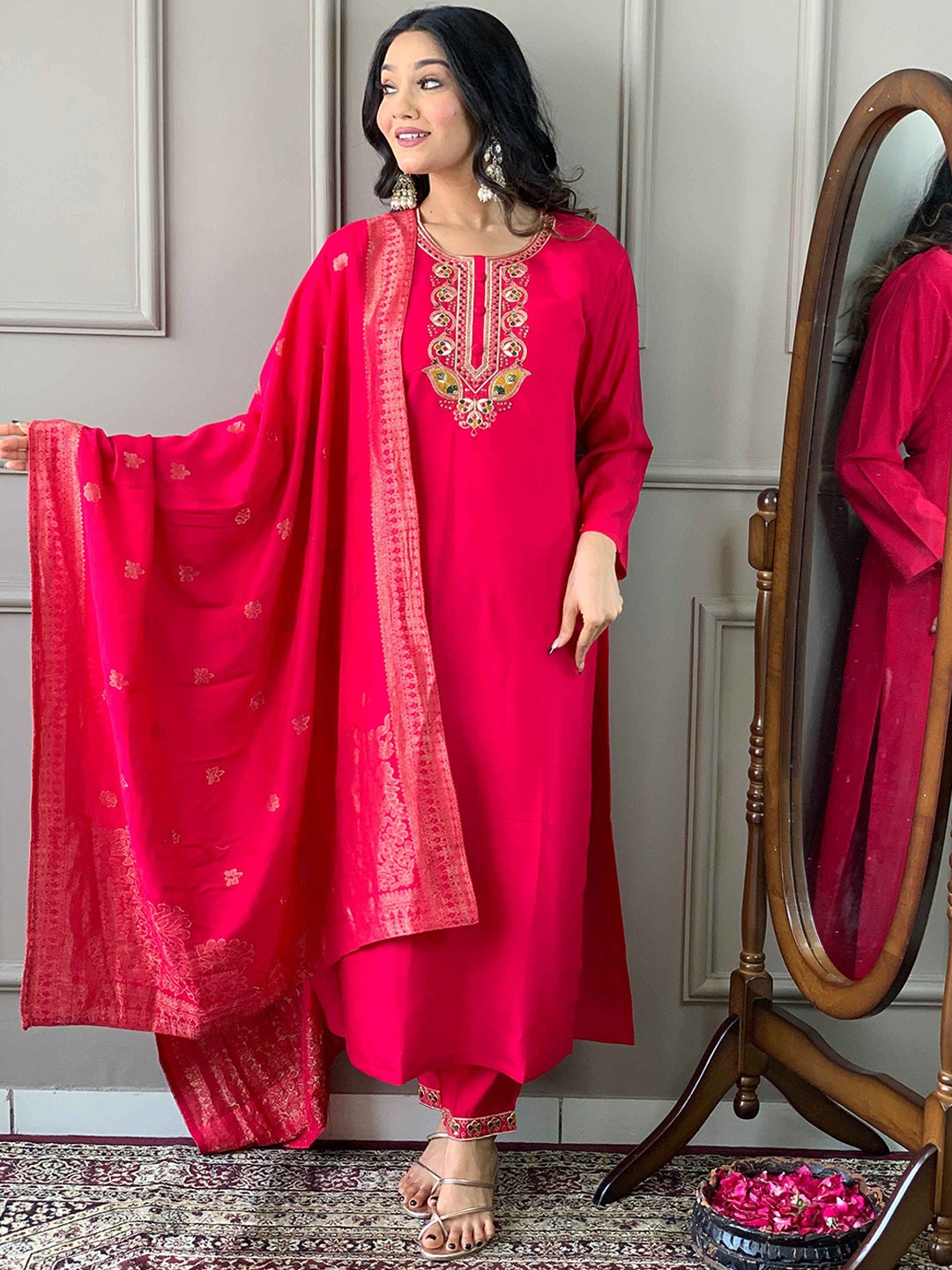

Krimmple Floral Embroidered Sequinned Pure Silk Kurta With Trousers And Dupatta, Red