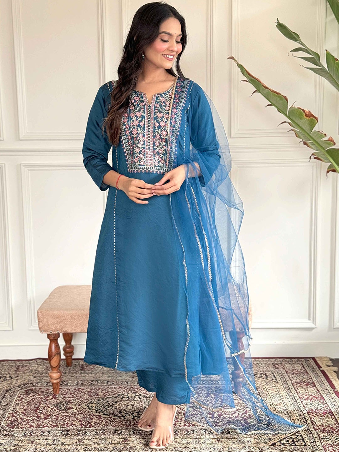 

Krimmple Floral Embroidered Notch-Neck A-Line Kurta With Trousers And Dupatta, Blue