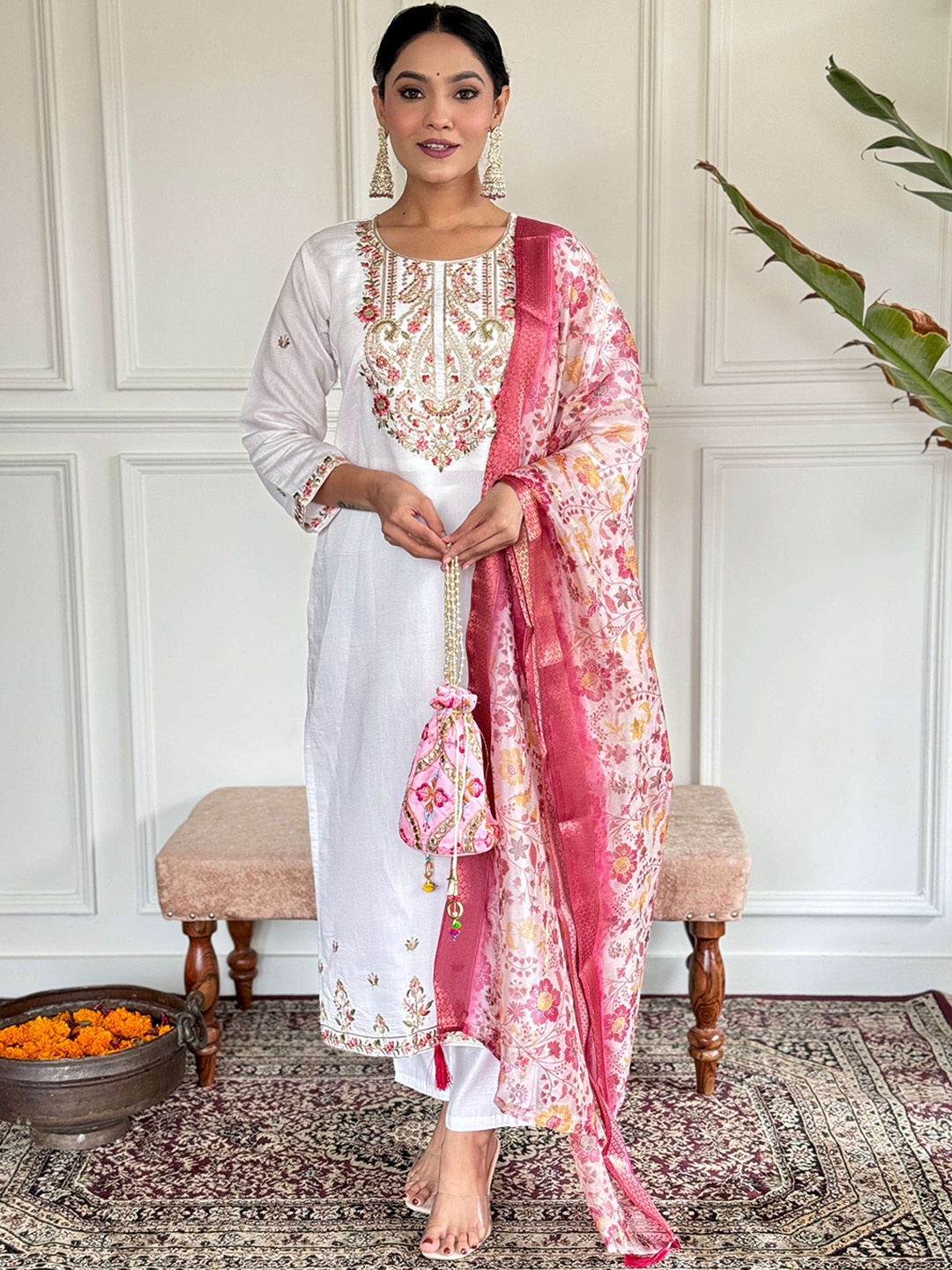 

Krimmple Floral Embroidered Round Neck Straight Kurta With Trousers And Dupatta, Pink