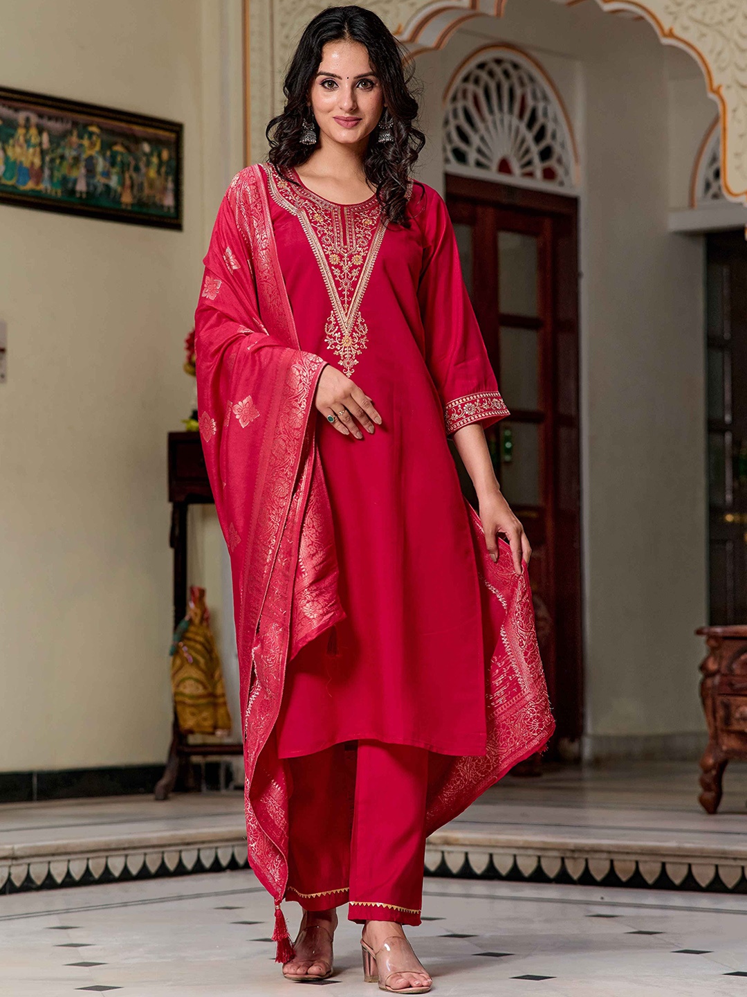 

Krimmple Floral Embroidered Sequinned Pure Silk Straight Kurta With Trousers And Dupatta, Red