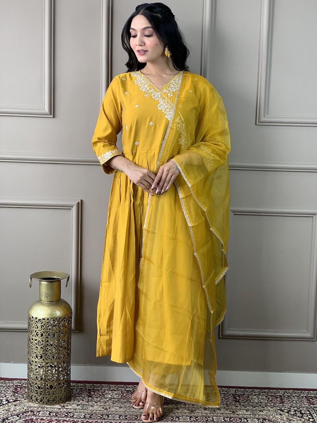 

Krimmple Floral Embroidered Thread Work V Neck Angrakha Kurta With Trousers And Dupatta, Mustard