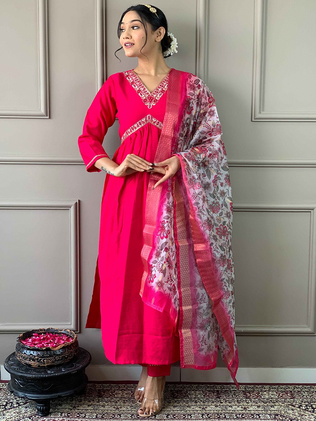 

Krimmple Floral Embroidered Thread Work Pure Silk Empire Kurta With Trousers And Dupatta, Red