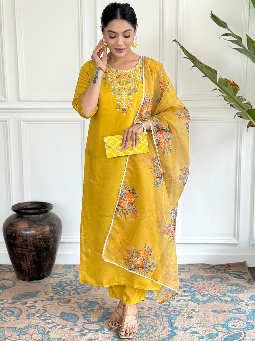 

Krimmple Floral Embroidered Pure Silk Straight Kurta With Trousers And Dupatta, Mustard