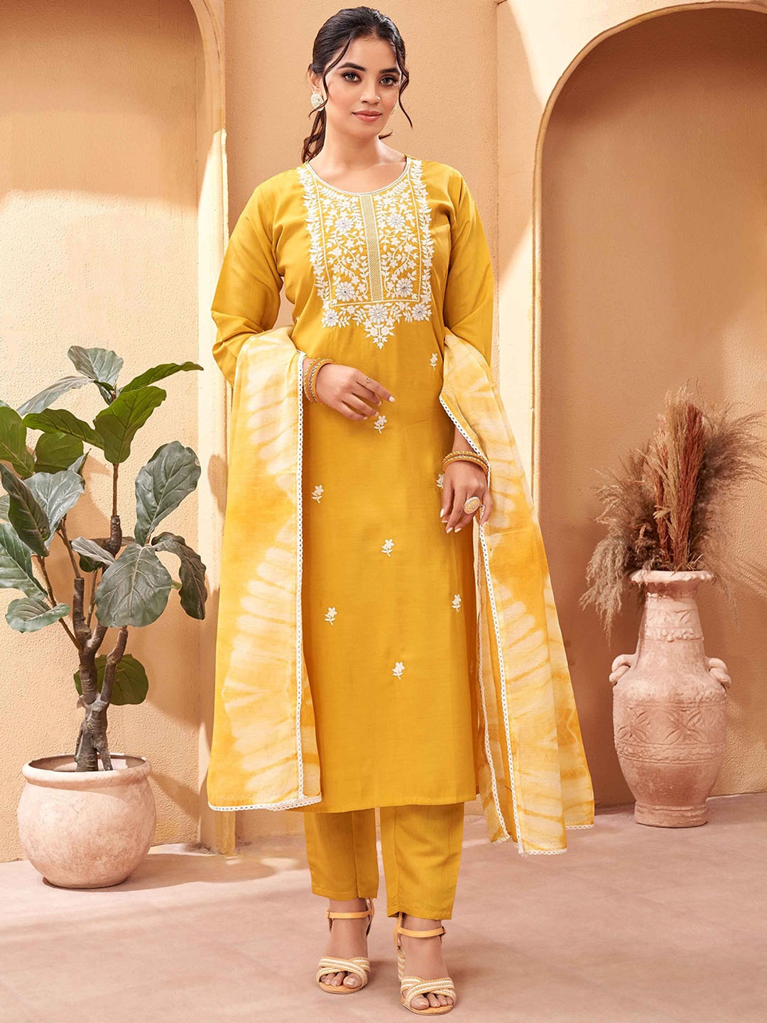 

Krimmple Saheli Floral Embroidered Pure Silk Straight Kurta With Trousers And Dupatta, Yellow