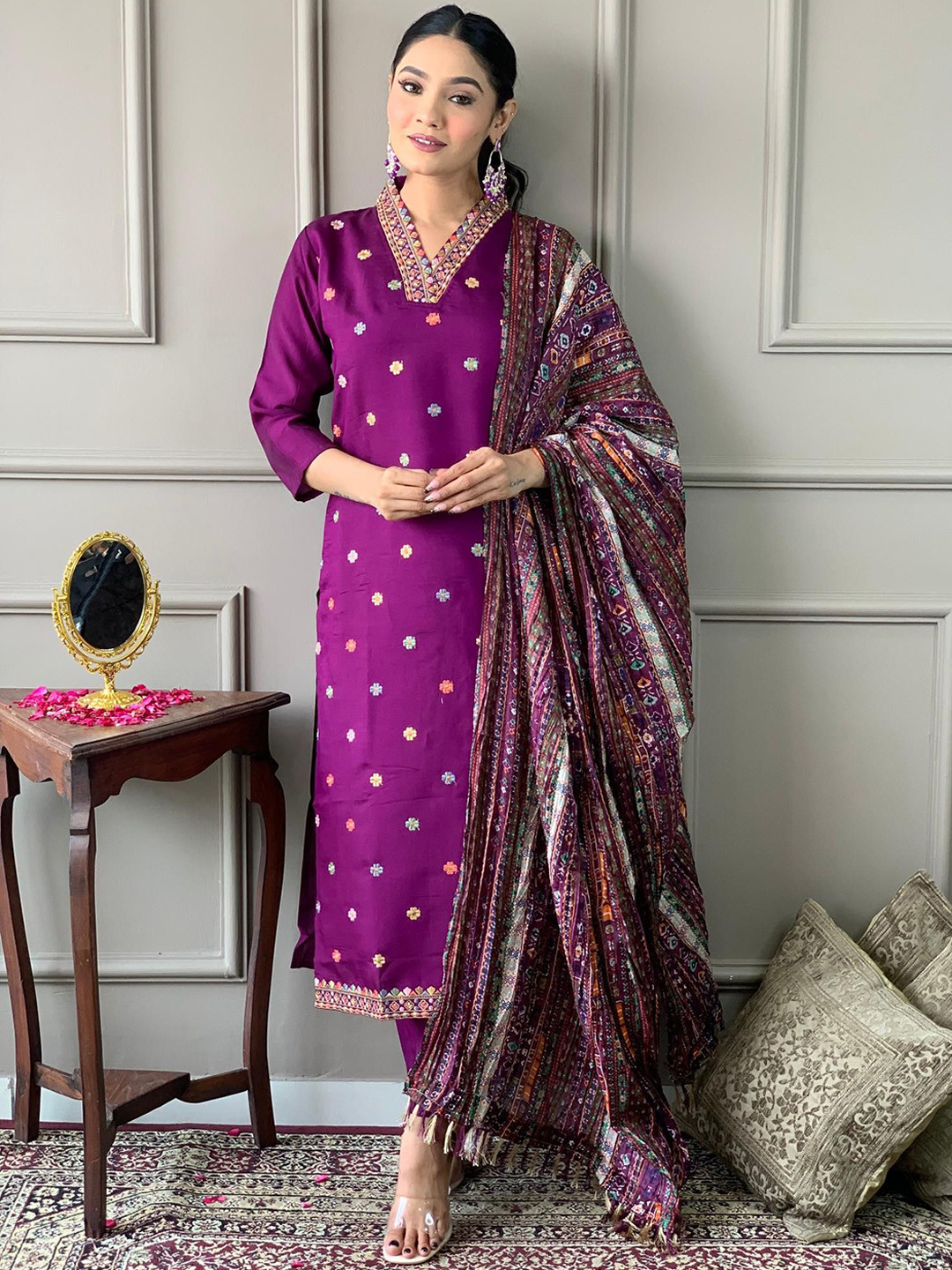 

Krimmple Floral Thread Work V Neck Pure Silk Straight Kurta With Trousers And Dupatta, Purple
