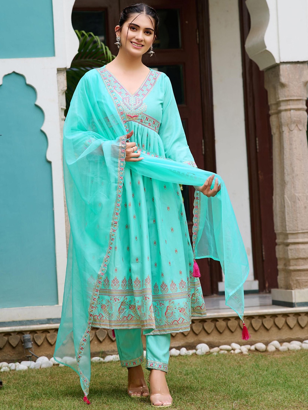 

Krimmple Floral Printed Sequinned V Neck Empire Anarkali Kurta With Trousers And Dupatta, Sea green