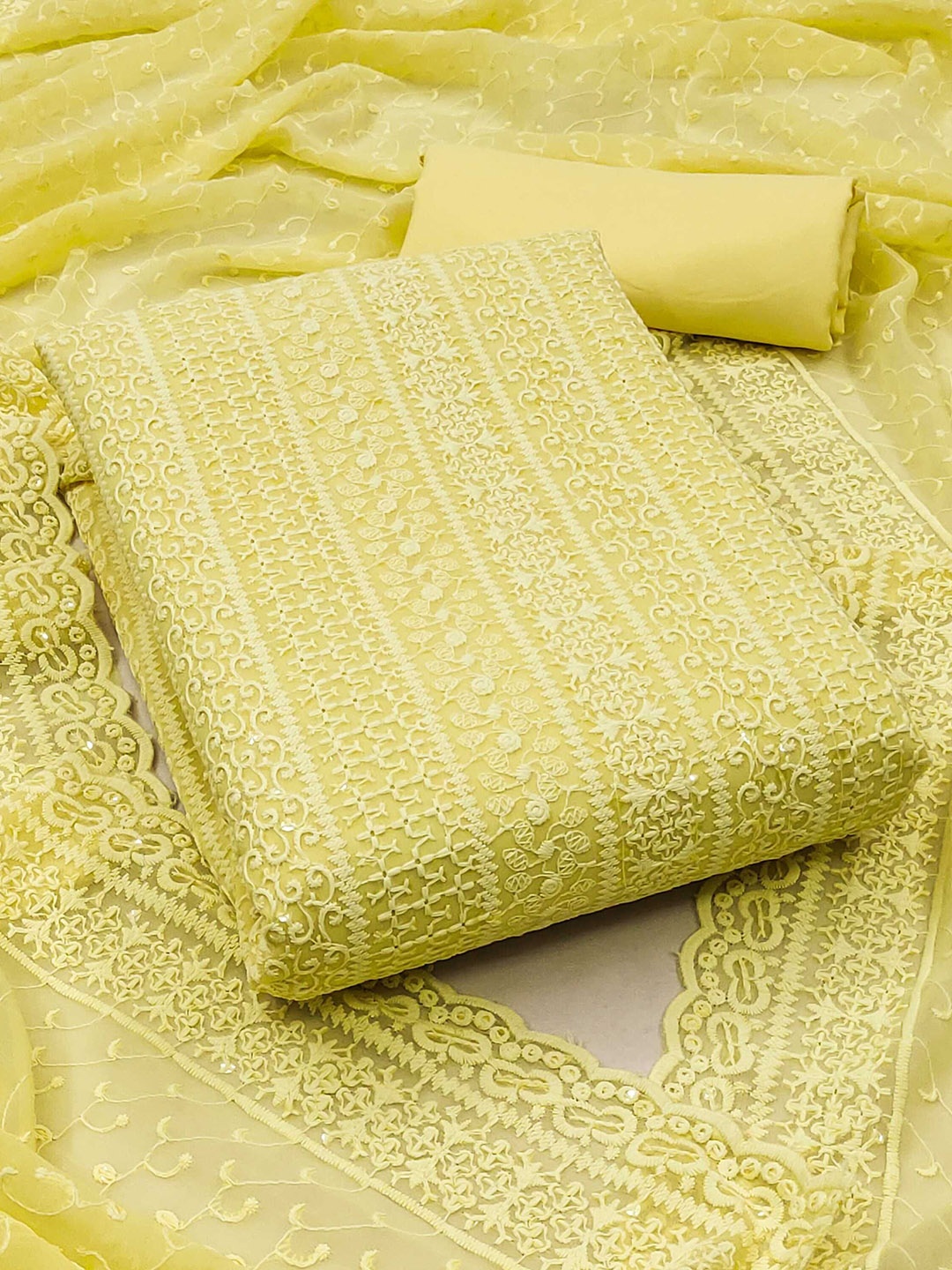 

KALINI Floral Embroidered Unstitched Dress Material, Yellow