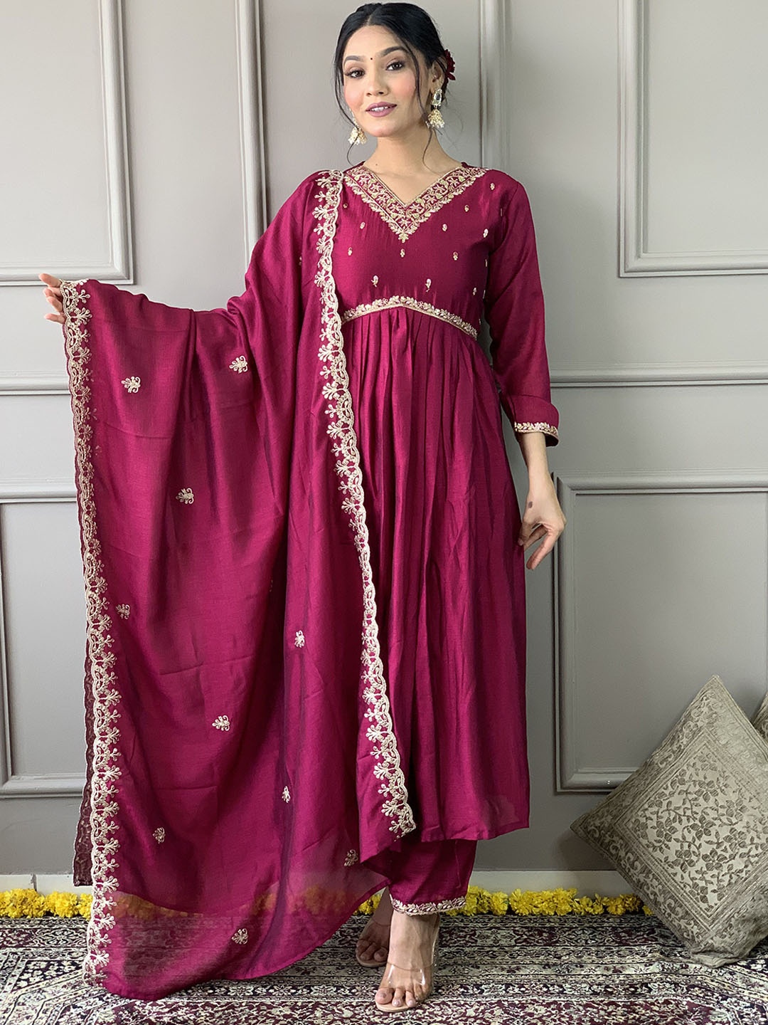 

Krimmple Empire V-Neck Floral Embroidered Pure Silk Anarkali Kurta With Trousers & Dupatta, Burgundy