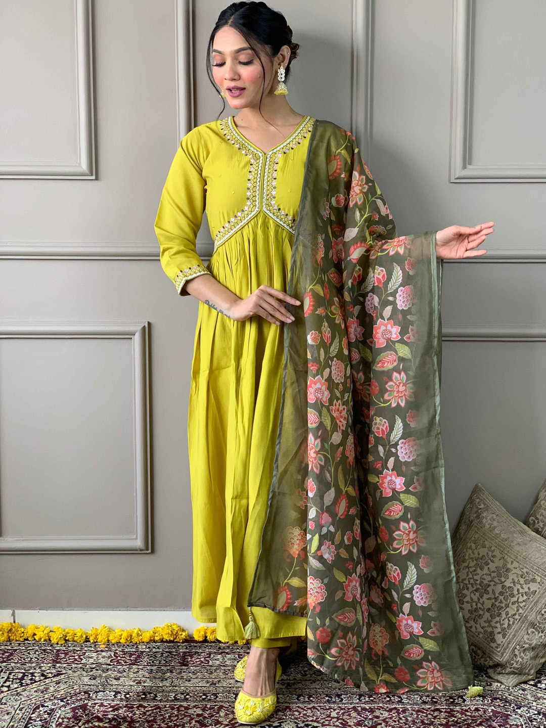 

Krimmple Floral Embroidered Thread Work V Neck Empire Kurta With Trousers And Dupatta, Lime green