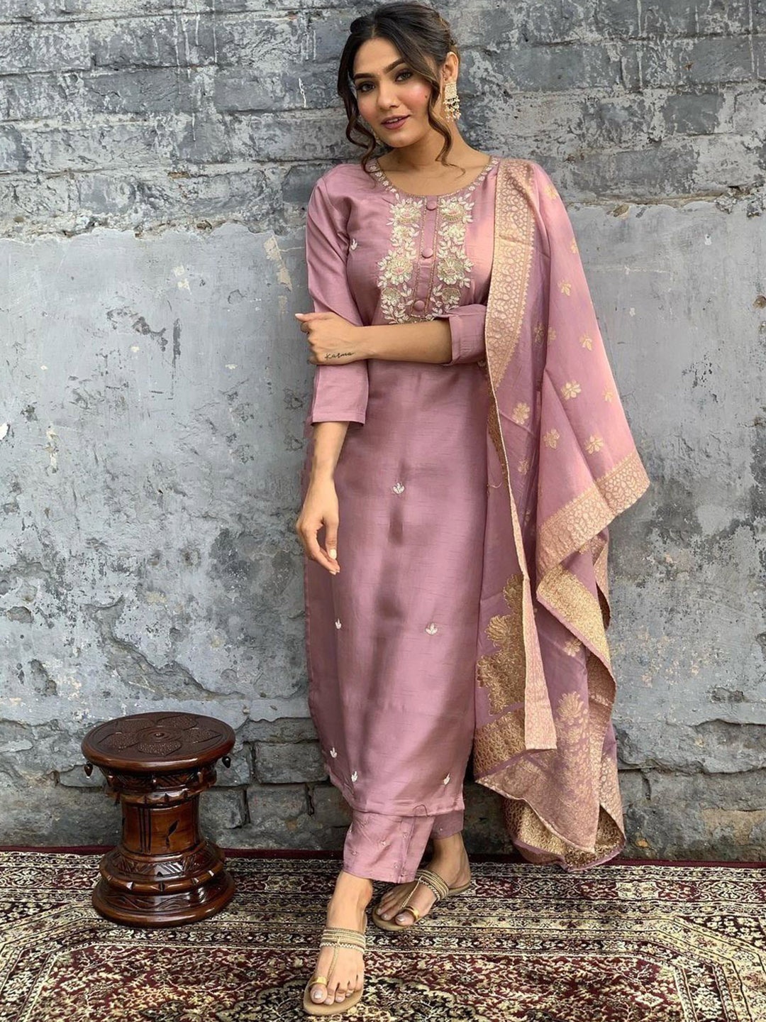 

Krimmple Floral Embroidered Straight Thread Work Kurta With Trousers And Dupatta, Pink