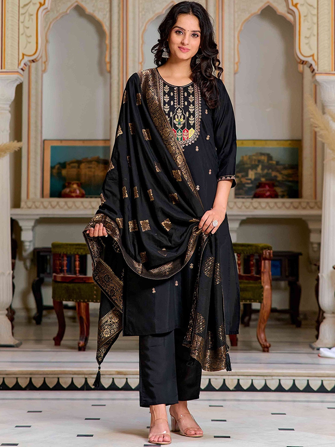 

Krimmple Thread Work Round Neck Gotta Patti Work Pure Silk Kurta With Trousers & Dupatta, Black