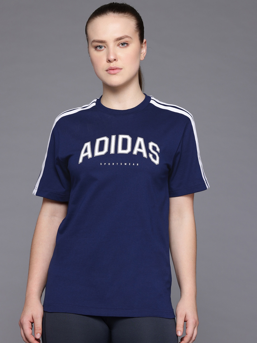 

ADIDAS Brand Logo Printed Drop-Shoulder Sleeves Cotton T-shirt, Navy blue