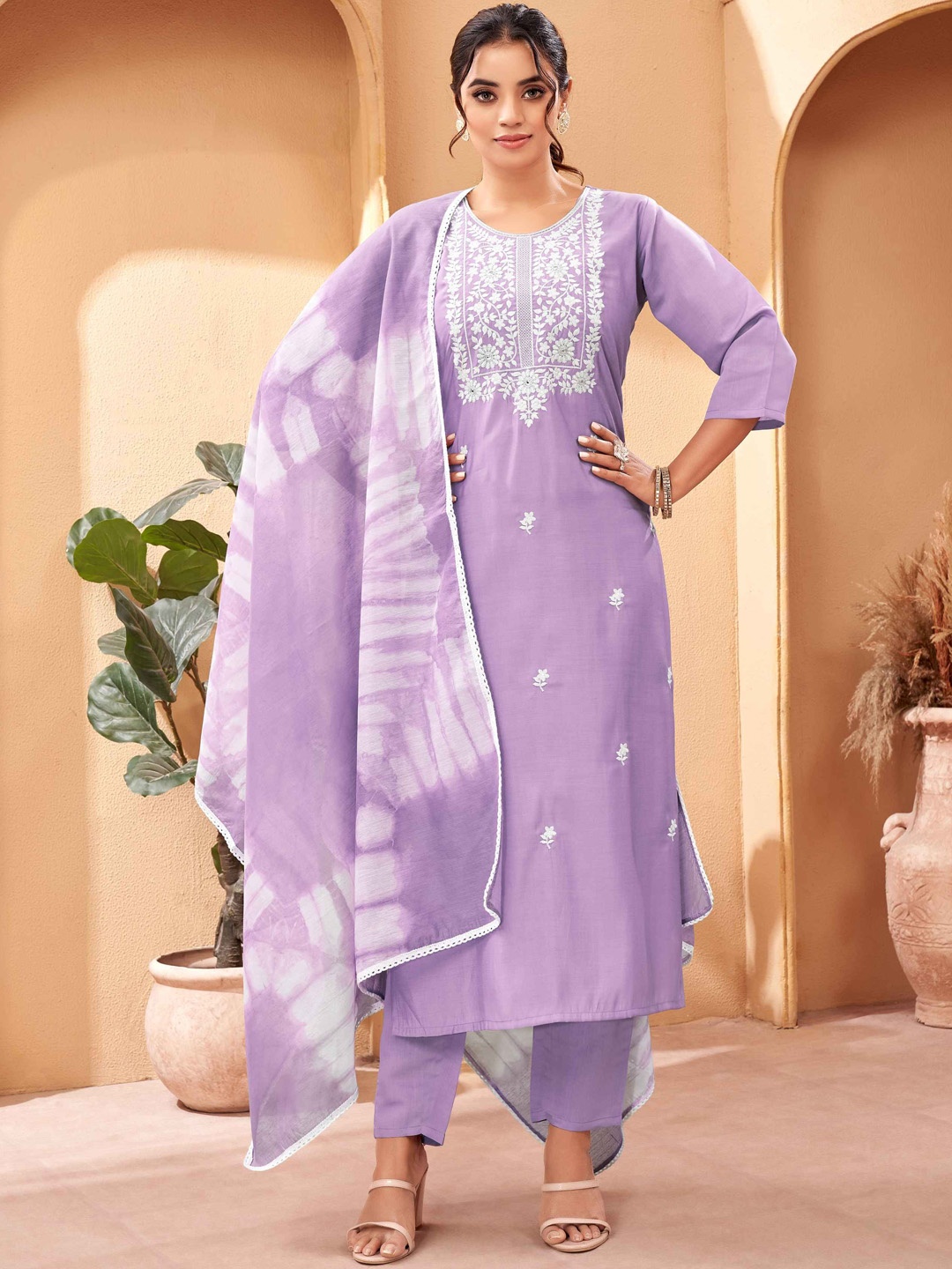 

Krimmple Floral Embroidered Straight Thread Work Pure Silk Kurta With Trousers And Dupatta, Purple