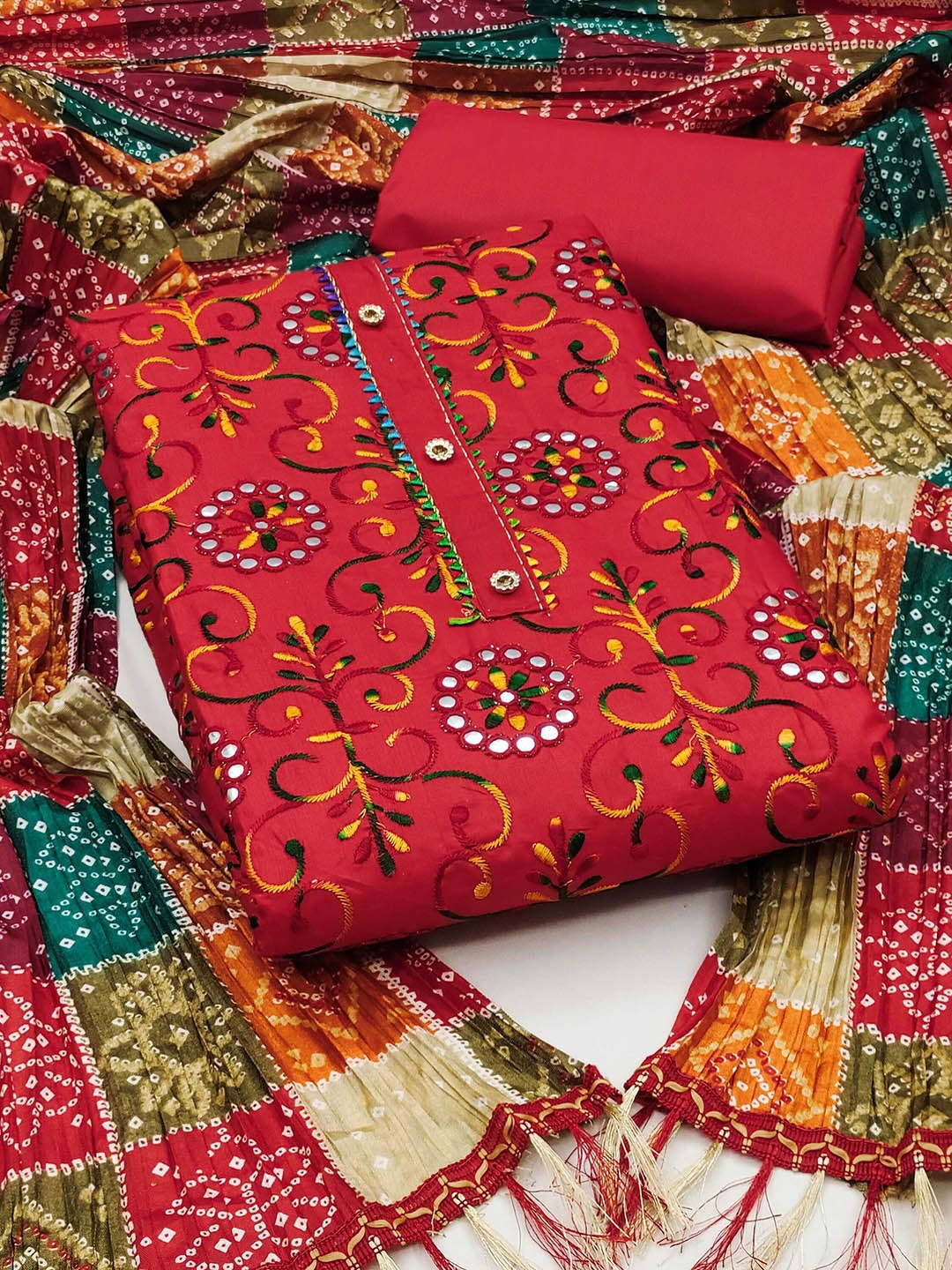 

KALINI Floral Embroidered Unstitched Dress Material, Red