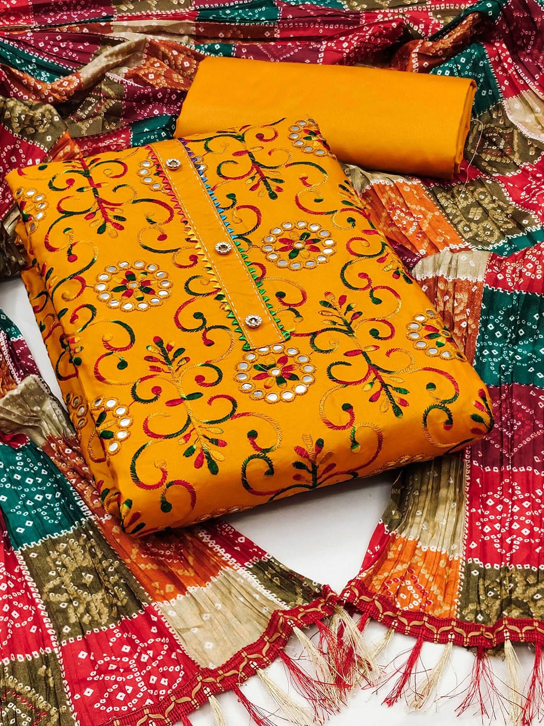 

KALINI Floral Embroidered Mirror Work Unstitched Dress Material, Yellow