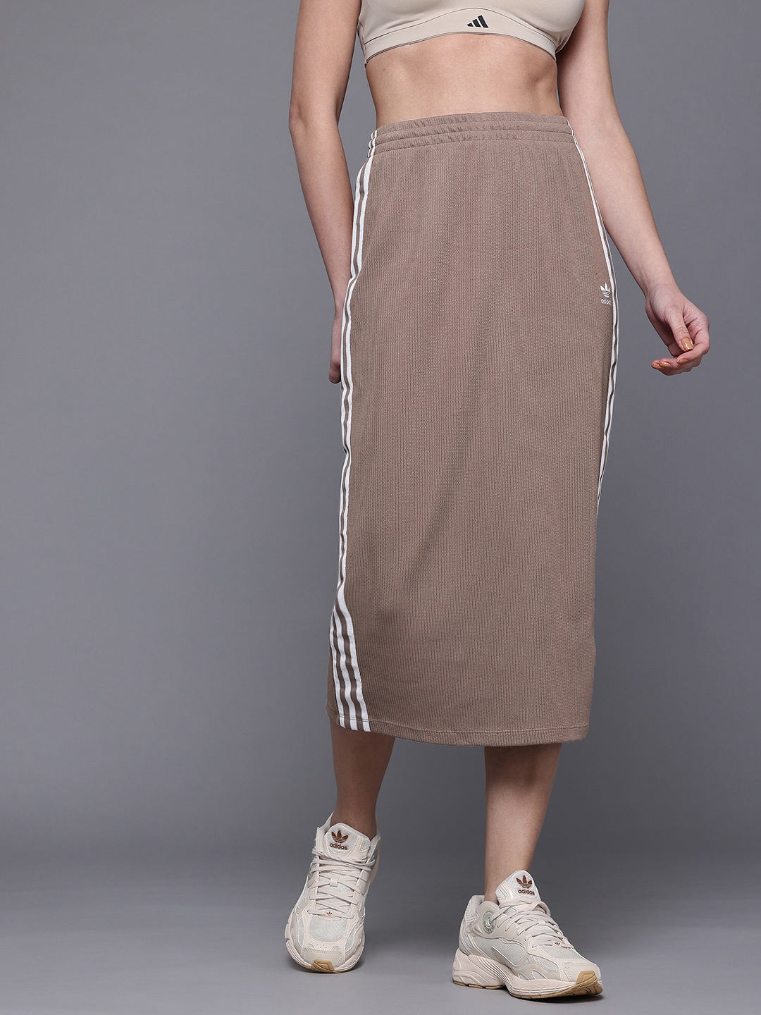 

ADIDAS Originals Side Striped Knitted Midi Skirt, Taupe