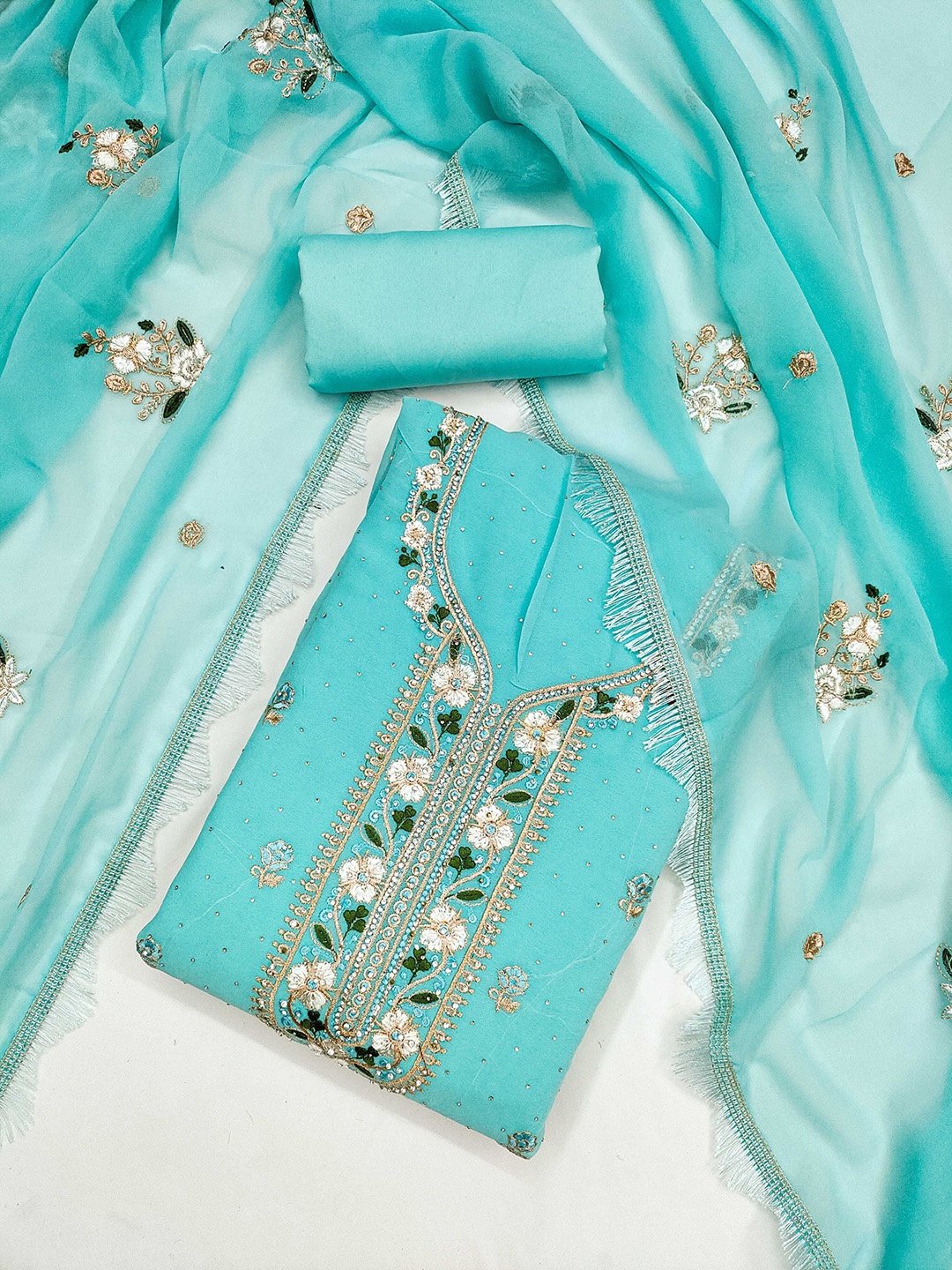 KALINI Floral Embroidered Stone Work Georgette Unstitched Dress Material, Blue