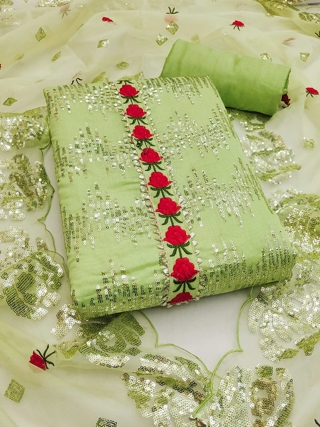 

KALINI Floral Embroidered Chanderi Silk Unstitched Dress Material, Green
